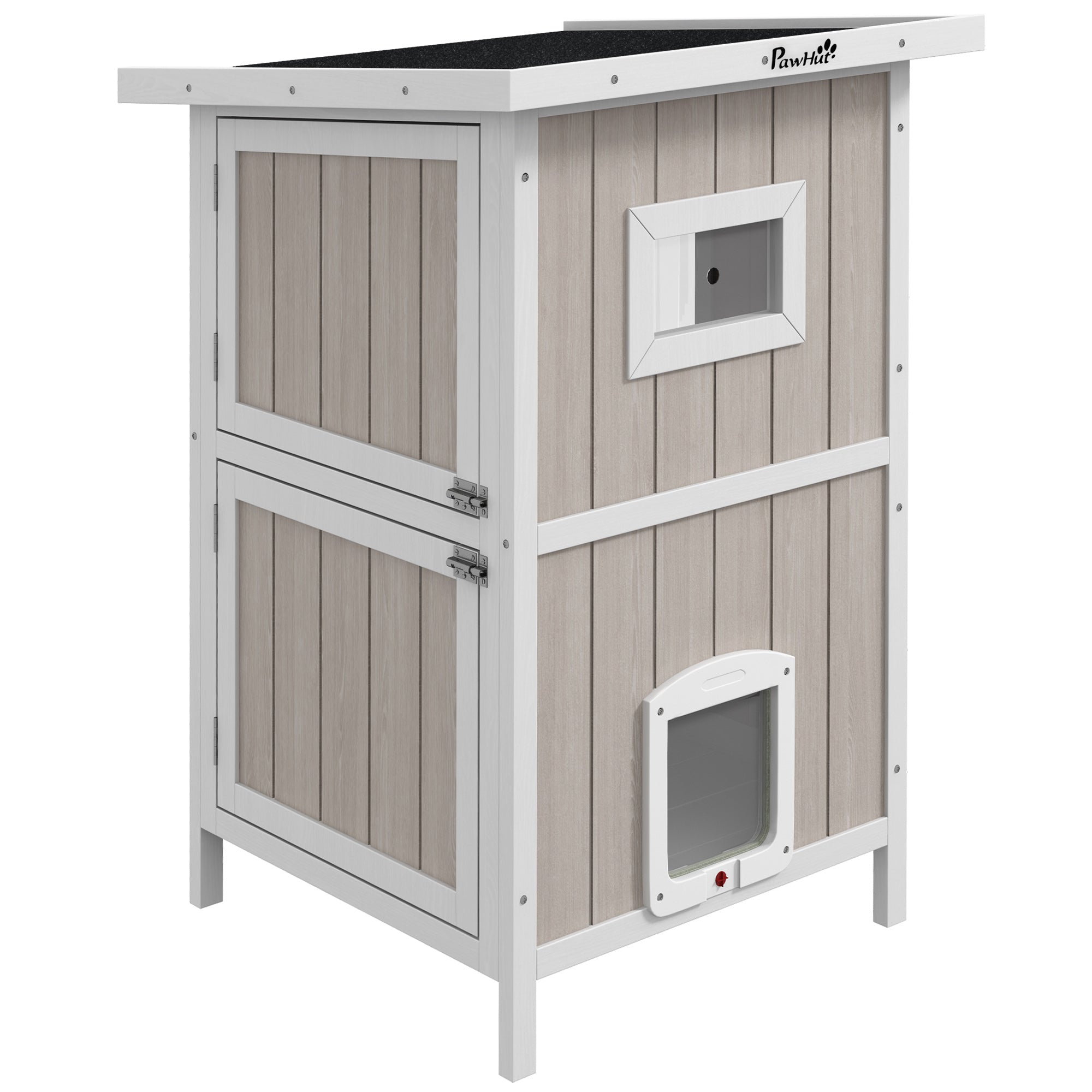 PawHut Outdoor 2 Tiers Wooden Cat Shelter w/ Removable Bottom, Escape Doors, Asphalt Roof, for 1-2 Cats - Light Grey