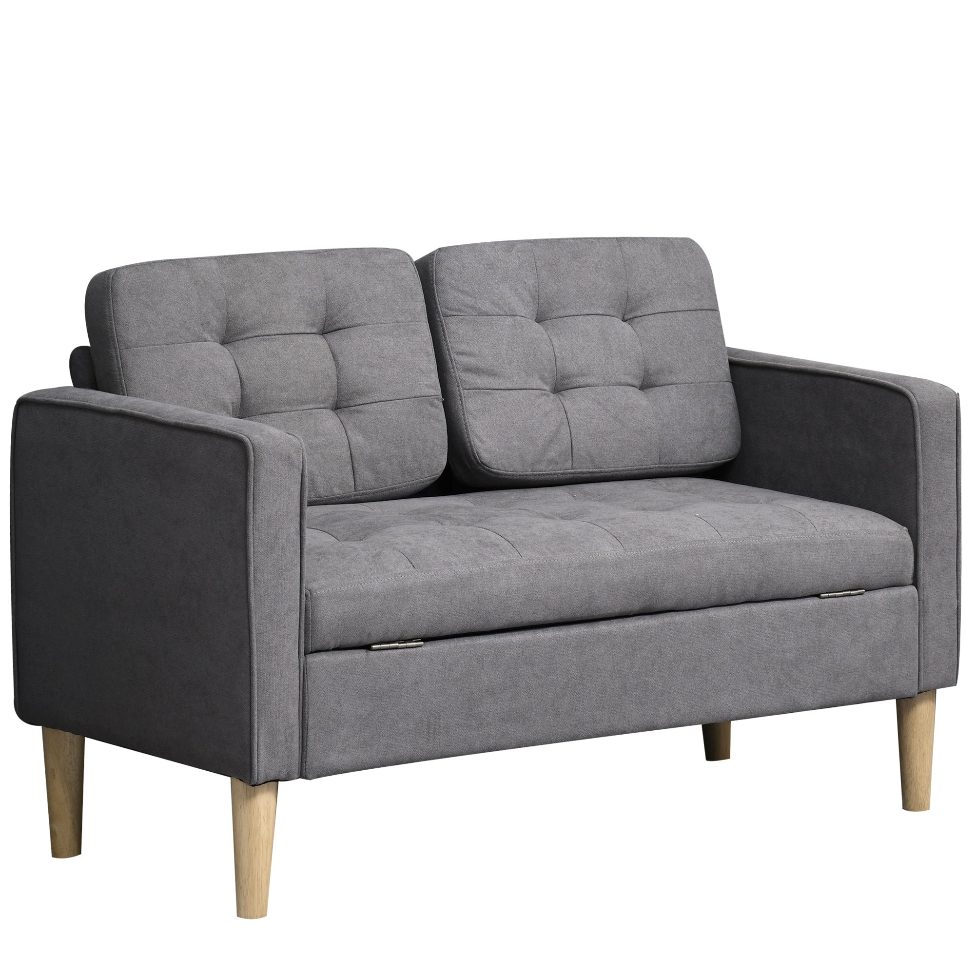 HOMCOM Modern 2 Seater Sofa with Hidden Storage, 117cm Tufted Cotton Couch with Wood Legs, Compact Loveseat for Living Room, Kitchen, Grey - North Peak Garden Furniture
