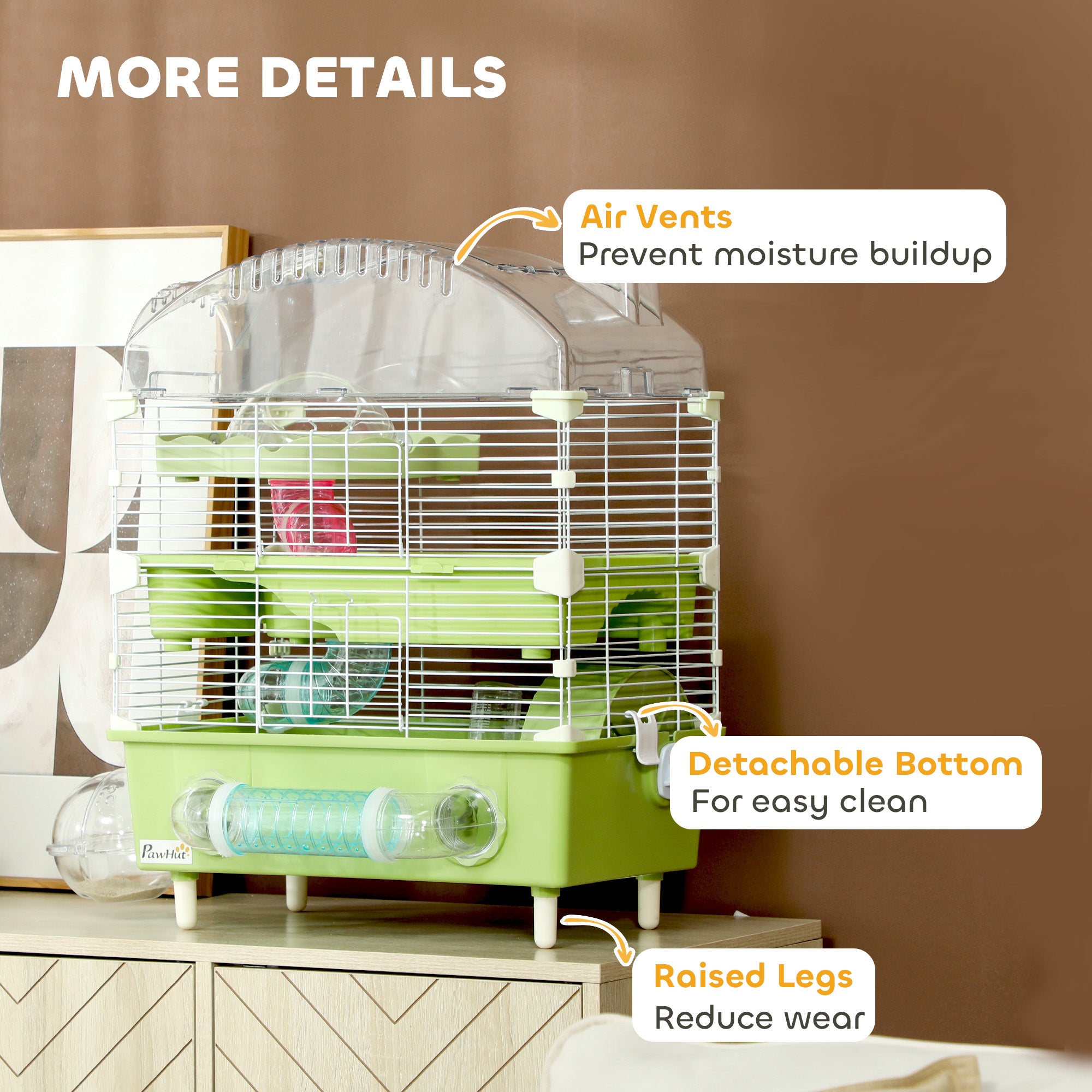 PawHut 3-Tier Hamster Cage with Transparent Top, Sand Bathroom, Exercise Wheel, Hideout Room, Tubes, 45 x 28 x 60 cm, Green - North Peak Garden Furniture
