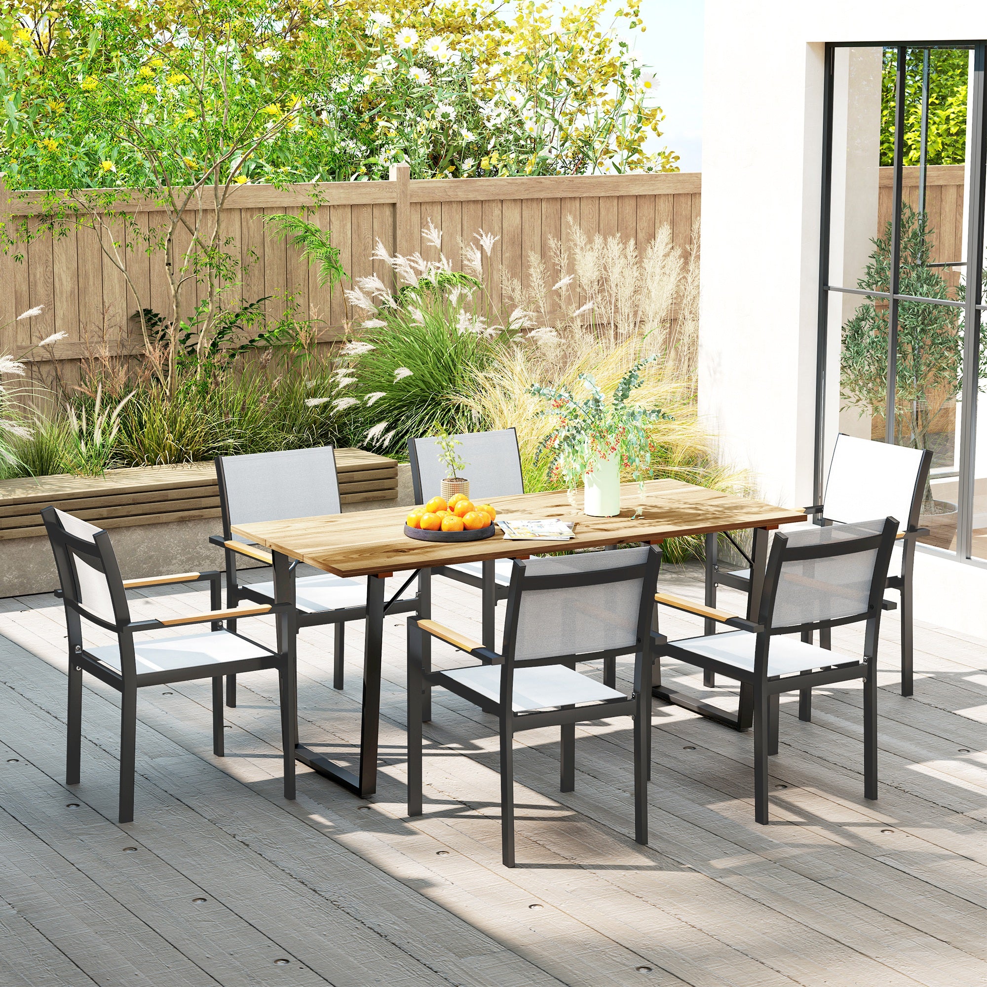 Outsunny Garden Table for 6, 175 x 80 cm Large Rectangle Outdoor Dining Table with 5cm Parasol Hole and Slatted Top, Weather Resistant Fir Wood Patio Table for Balcony, Terrace, Brown - North Peak Garden Furniture