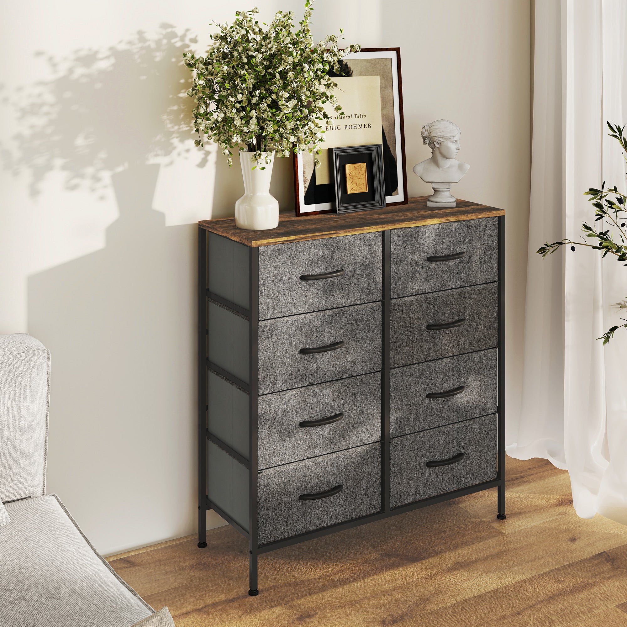HOMCOM Fabric Chest of Drawers, Industrial Bedroom Dresser with 8 Fabric Drawers, Steel Frame and Wooden Top for Nursery, Living Room, Hallway, Rustic Brown and Grey
