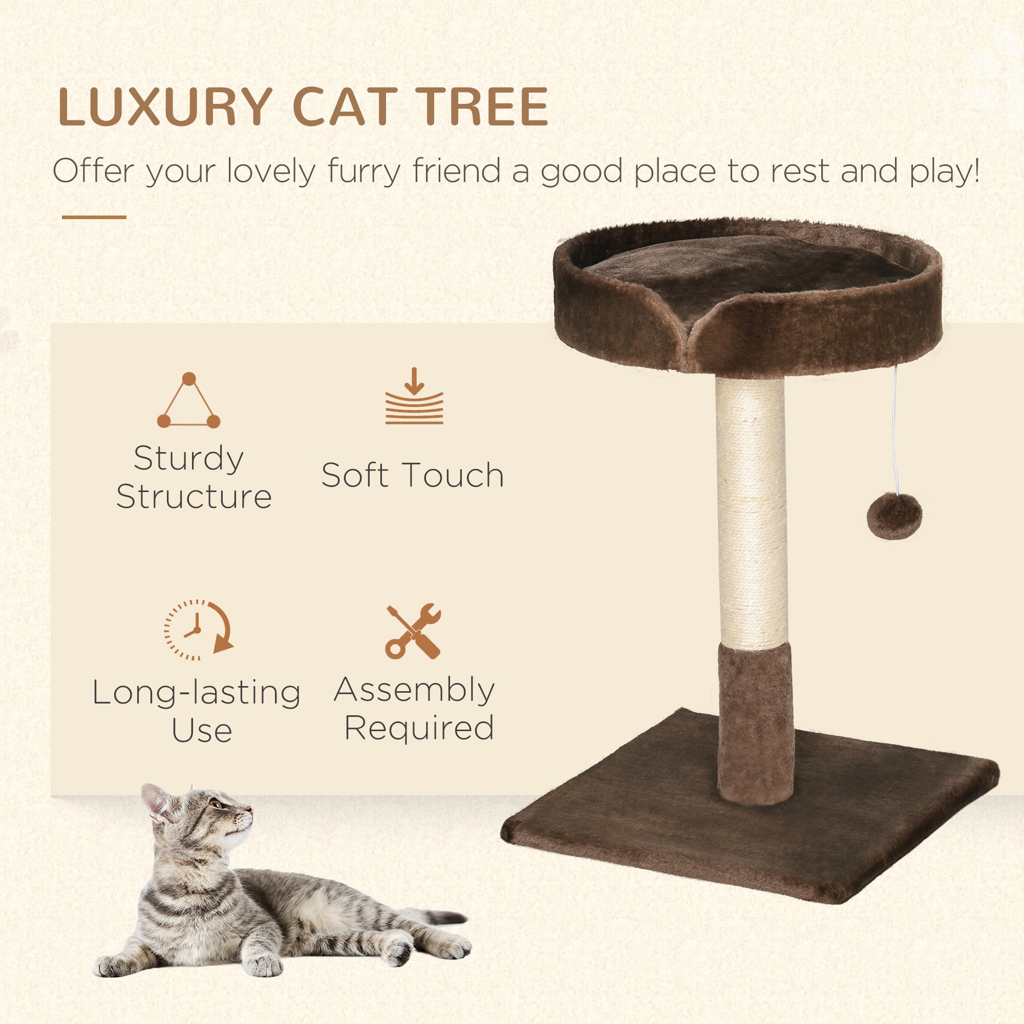 PawHut Small Cat Tree for Indoor Cats with Sisal Scratching Post Kitten Bed Cushion Ball Toy, Brown, 45x45x70 cm - North Peak Garden Furniture