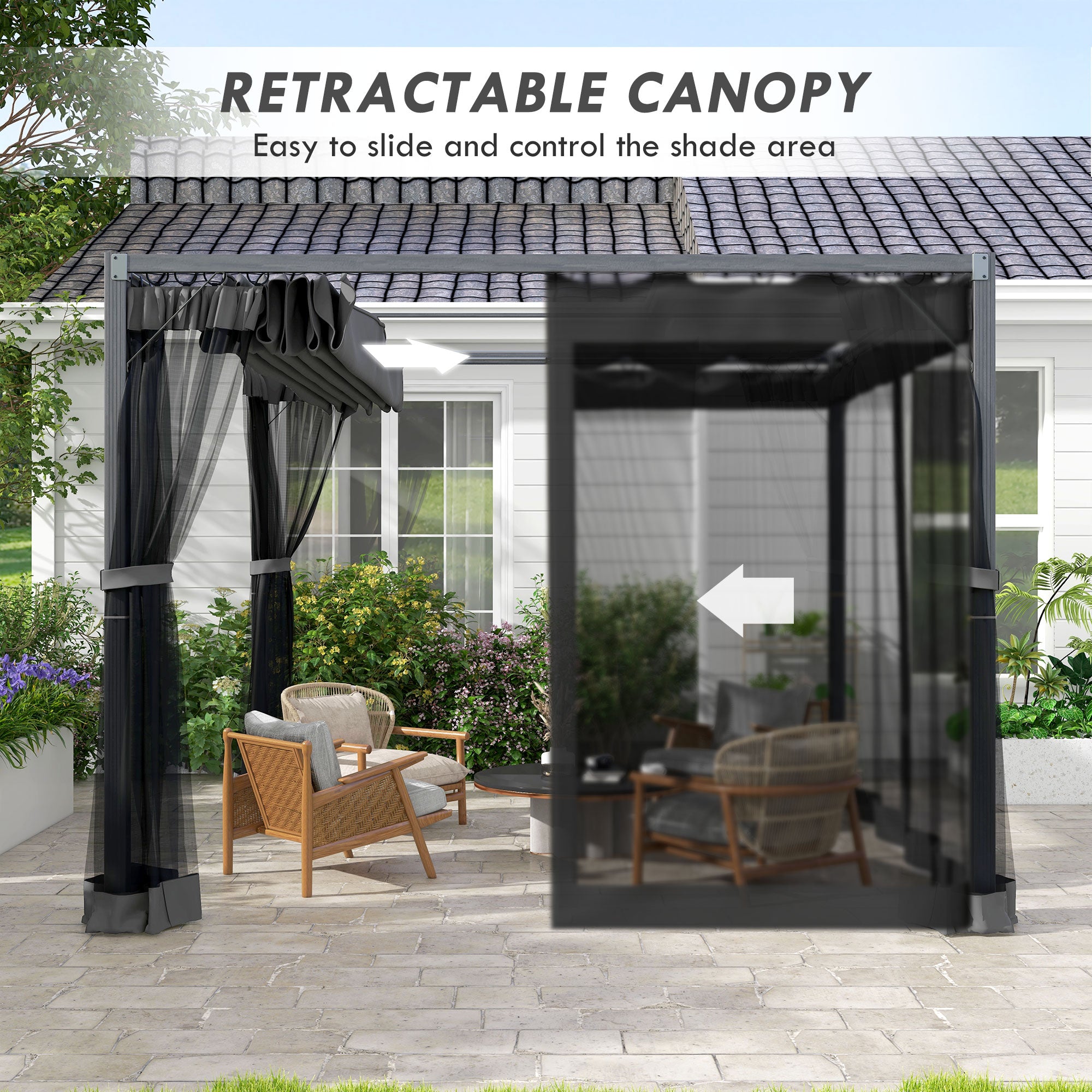 Outsunny 3 x 3m Aluminium Frame Pergola, with Retractable Roof - Dark Grey - North Peak Garden Furniture