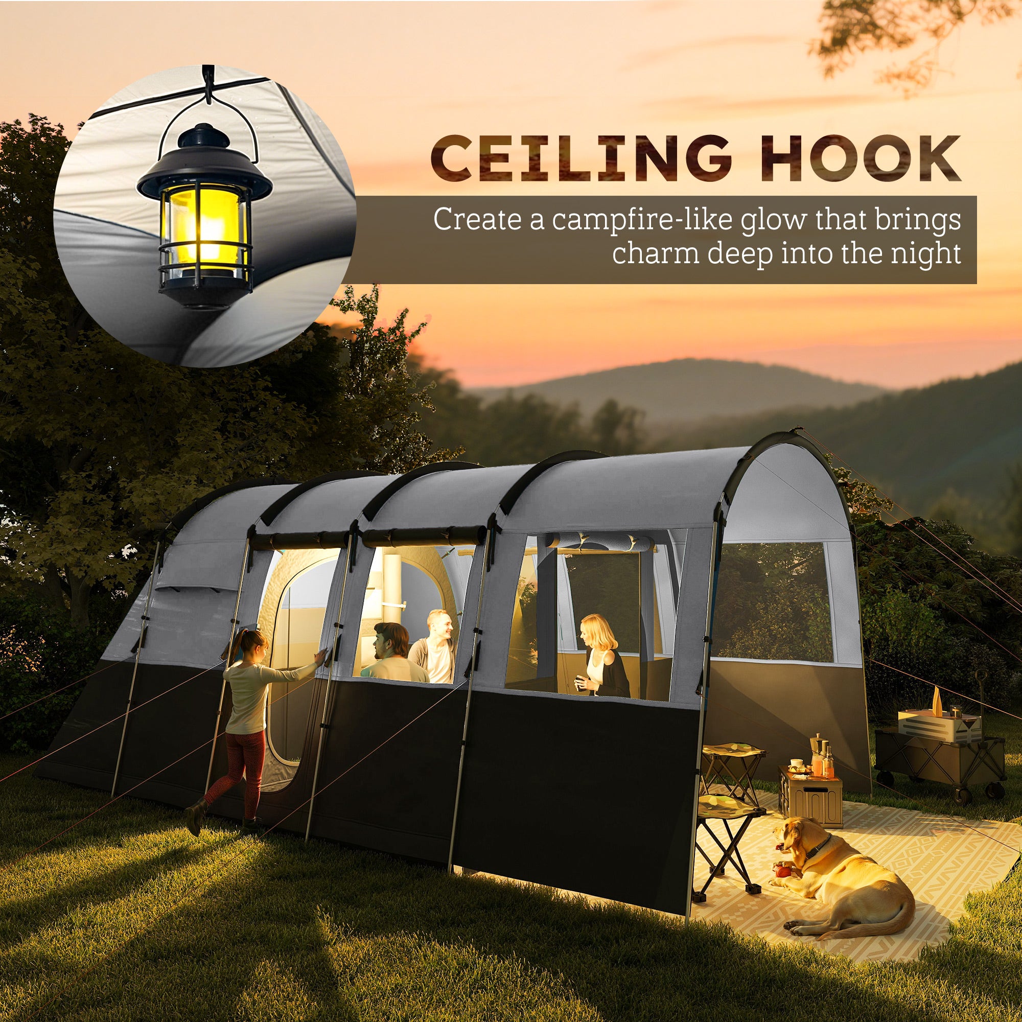 Outsunny 8-Person Camping Tent, Waterproof Family Tent, Tunnel Design, 4 Large Windows, Sleeping Cabins 3000mm Water Column Grey - North Peak Garden Furniture