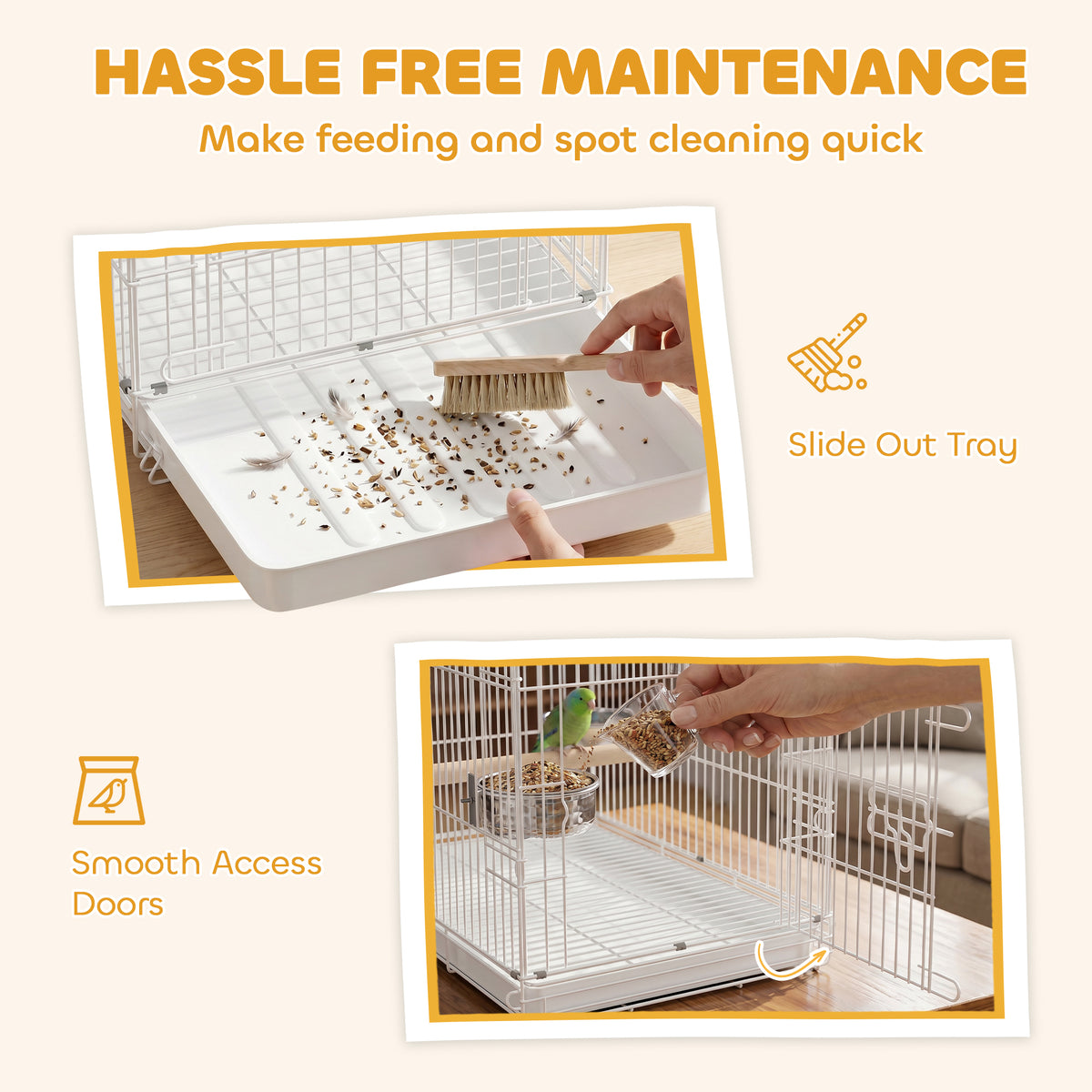 PawHut Bird Cage Foldable Portable Budgie Cage with Wooden Perch 2 Bowls for Travel 49 x 31 x 40 cm White