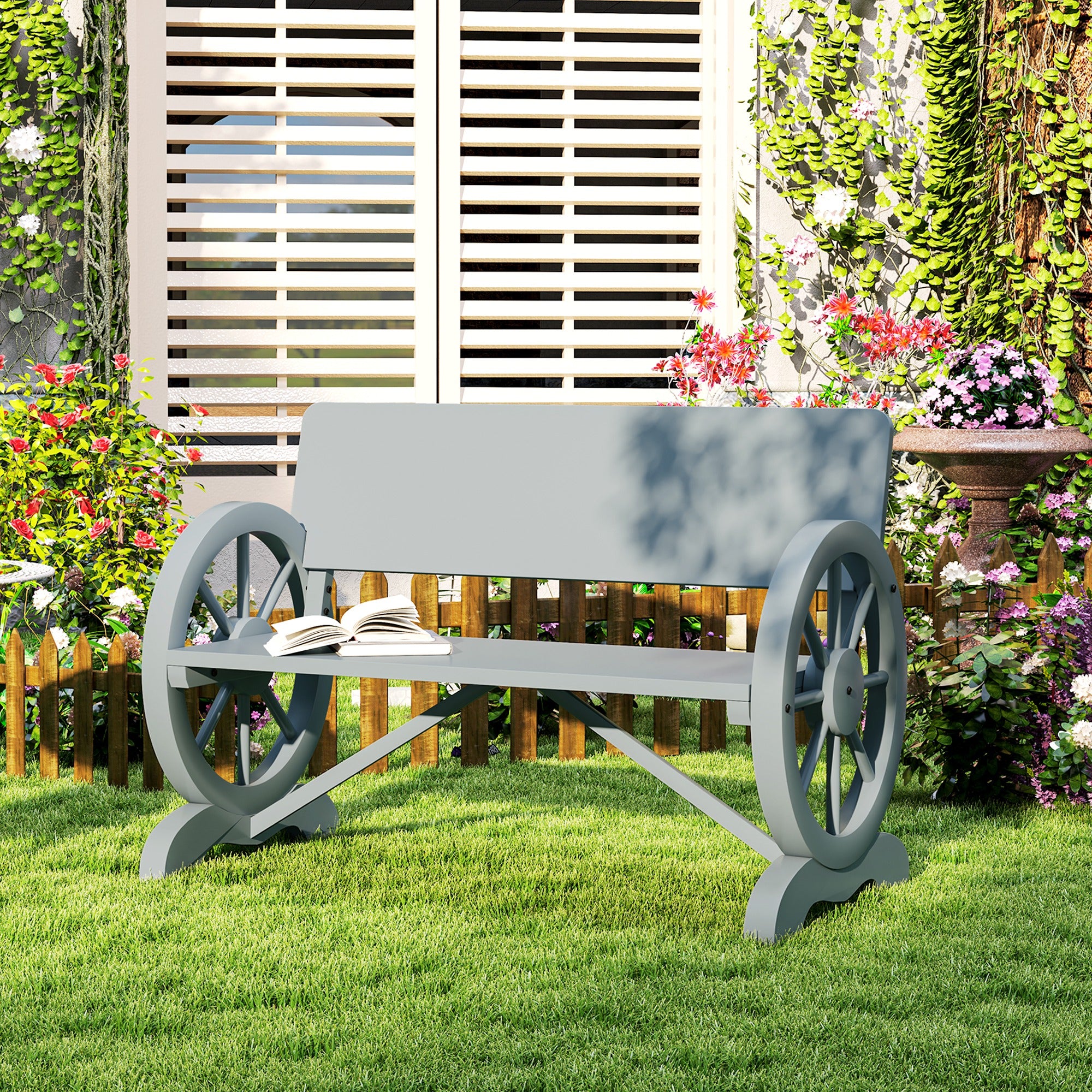 Outsunny Fir Wood 2-Seater Outdoor Garden Wagon Wheel Bench, Grey - North Peak Garden Furniture