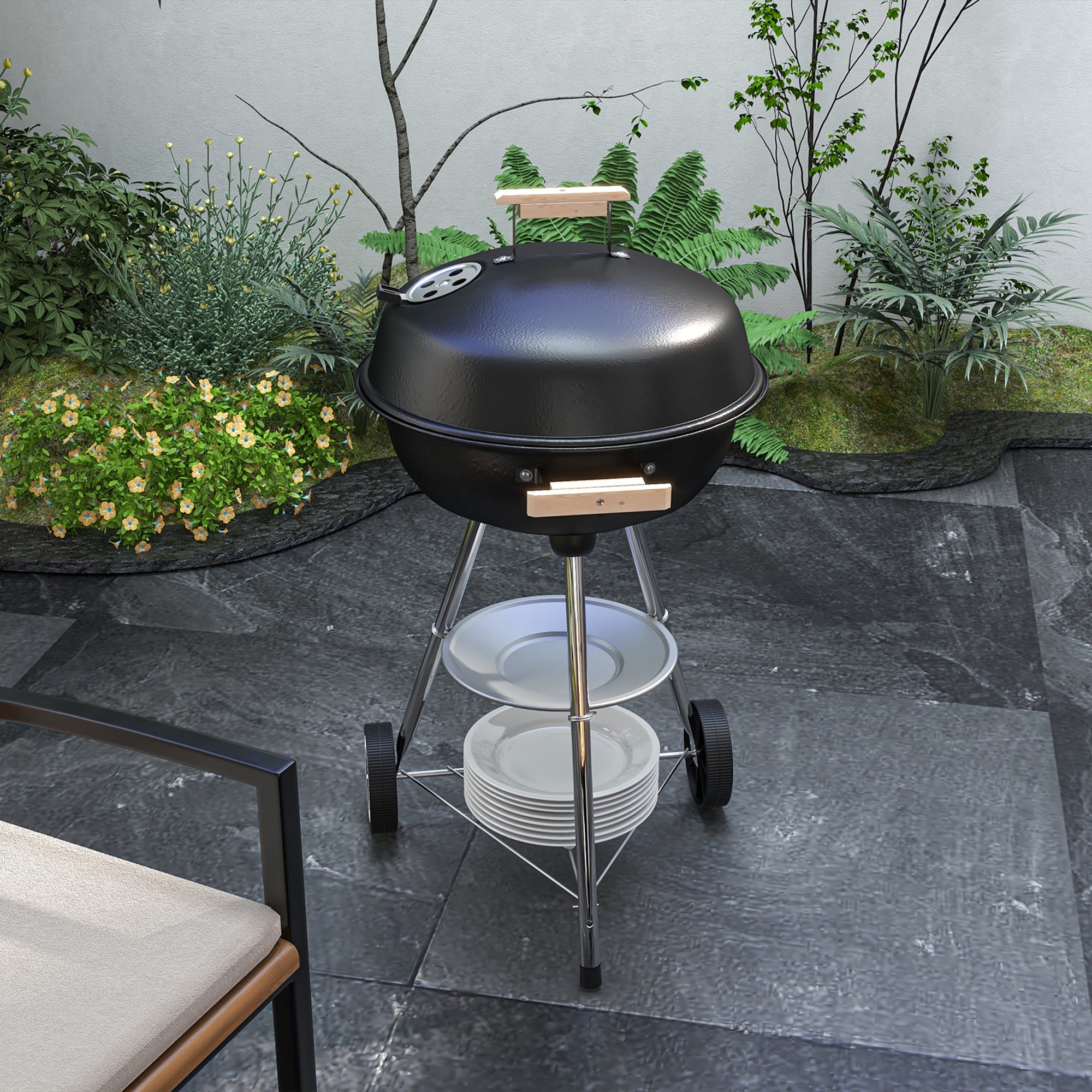 Outsunny BBQ Grill Charcoal Grill Portable Charcoal BBQ Round Kettle Grill Outdoor Heat Control Party Patio Barbecue