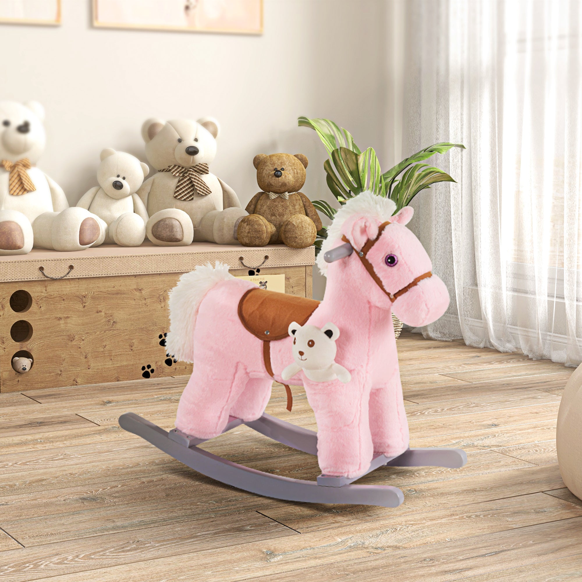 HOMCOM Kids Plush Ride-On Rocking Horse Toy Rocker with Plush Toy Realistic Sounds for Child 18-36 Months Pink - North Peak Garden Furniture