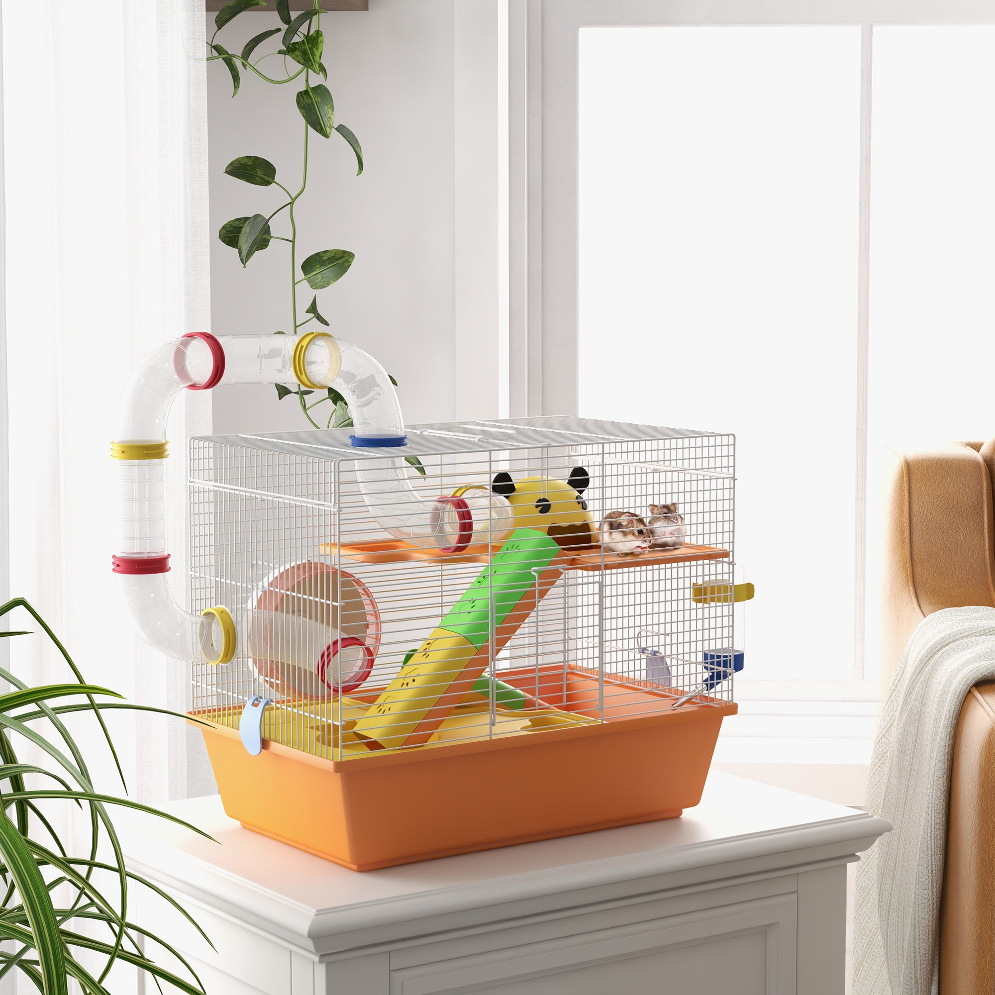 PawHut 3 Tiers Gerbil Cage, Hamster Cage with Tubes, Exercise Wheel, Ladder, Top Handle, 45 x 28 x 37cm - Orange - North Peak Garden Furniture