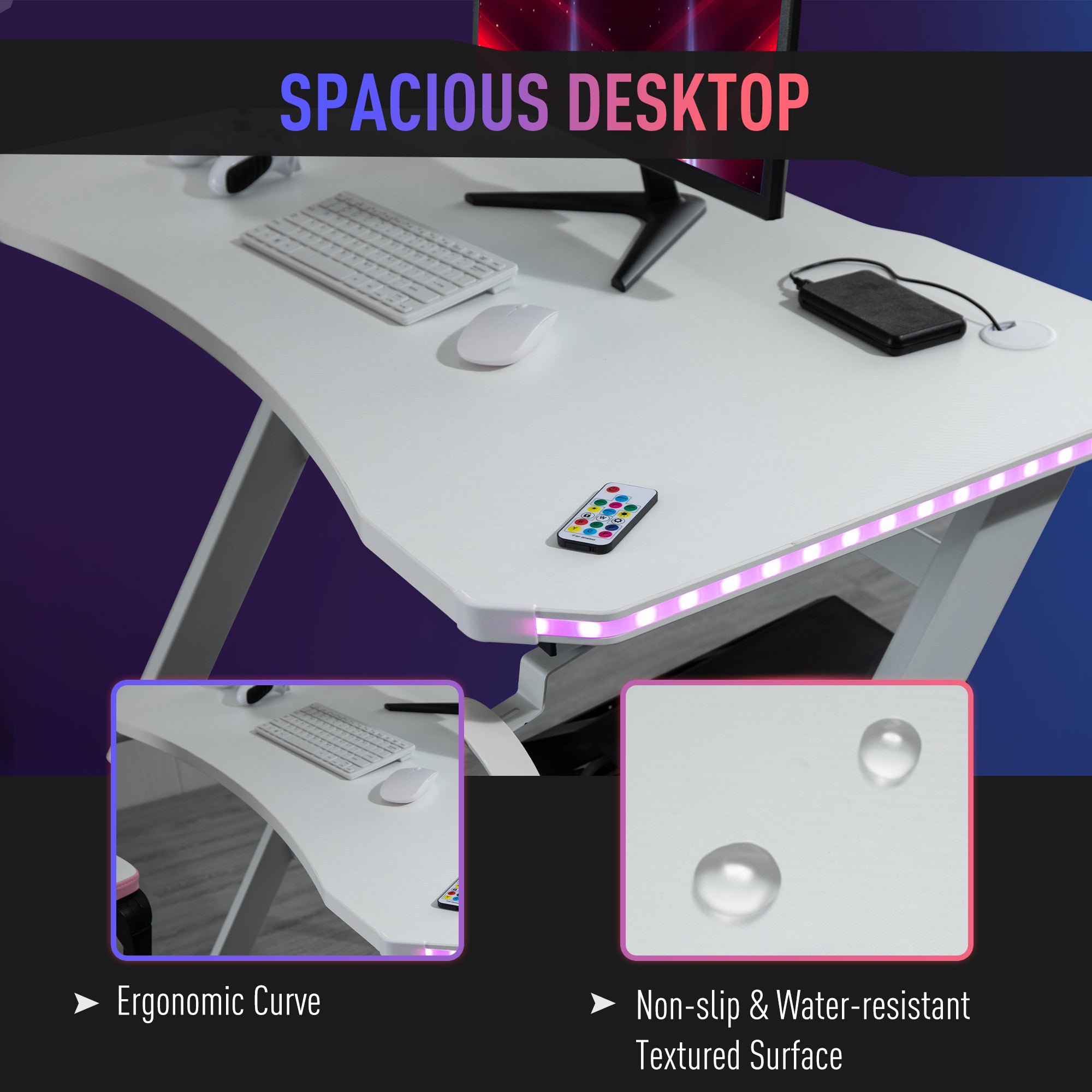 HOMCOM RGB 120 x 66cm Gaming Desk, Computer Table with Carbon Fibre Surface, Headphone Hook, Cup Holder, Controller Rack, Home Office Desk, White - North Peak Garden Furniture