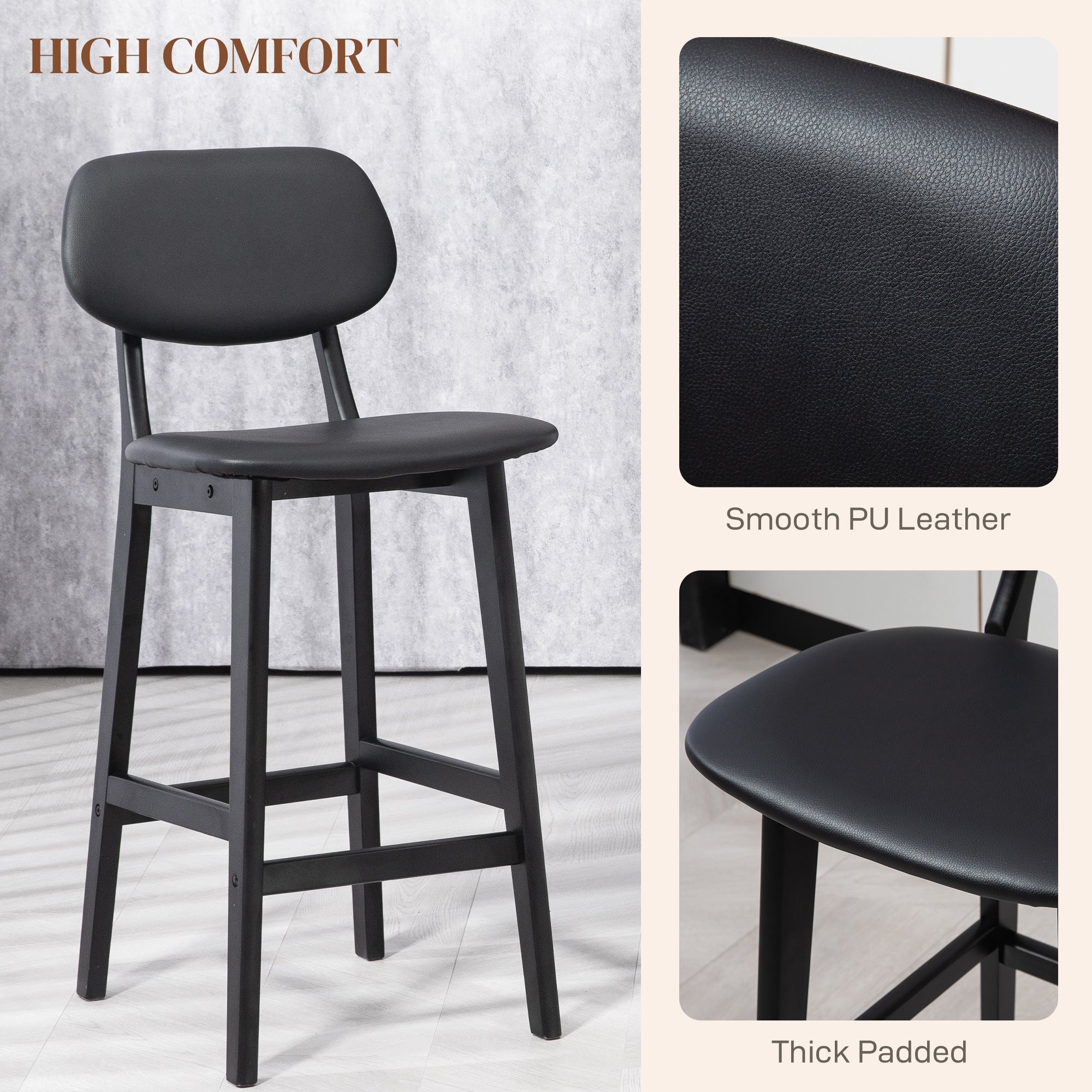 HOMCOM Set of Two Wooden Classic Bar Stools, with Faux Leather Seats - Black - North Peak Garden Furniture