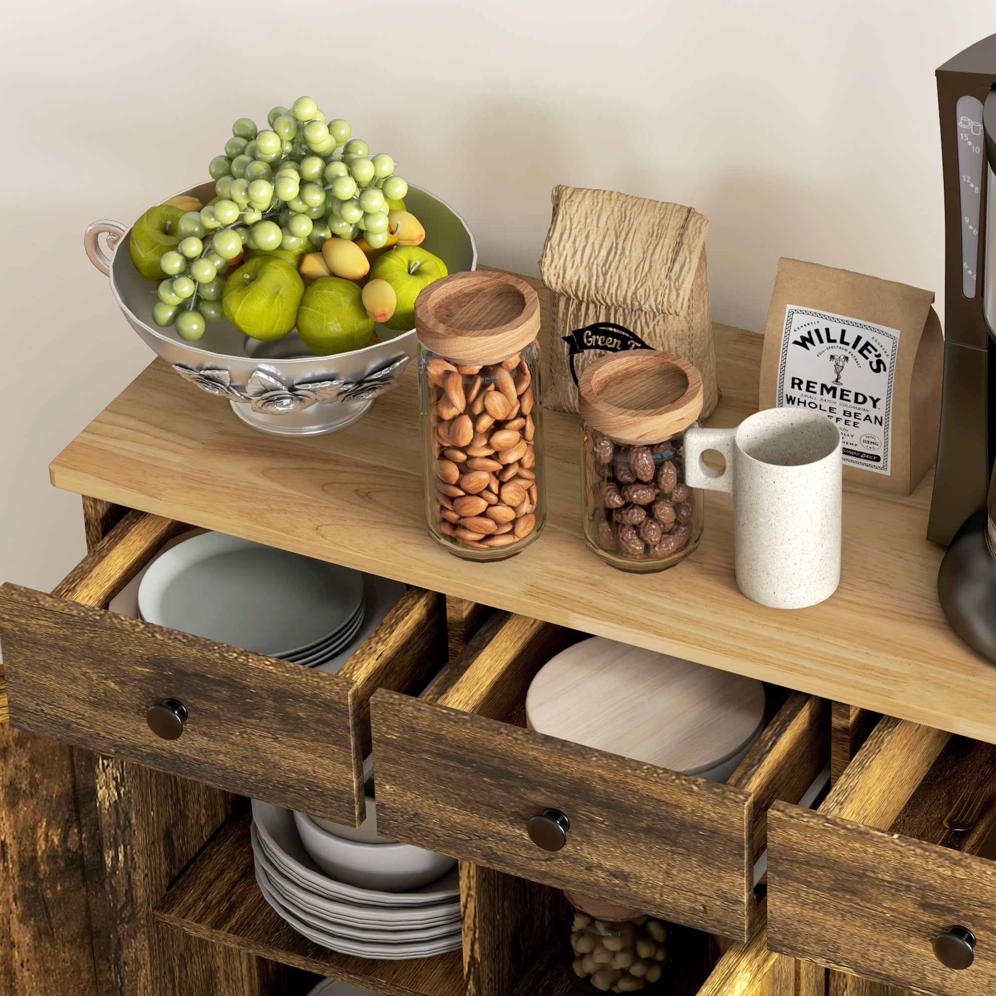 HOMCOM Sideboard with Rubberwood Top and Adjustable Shelves for Dining Room, Kitchen - Rustic Brown - North Peak Garden Furniture