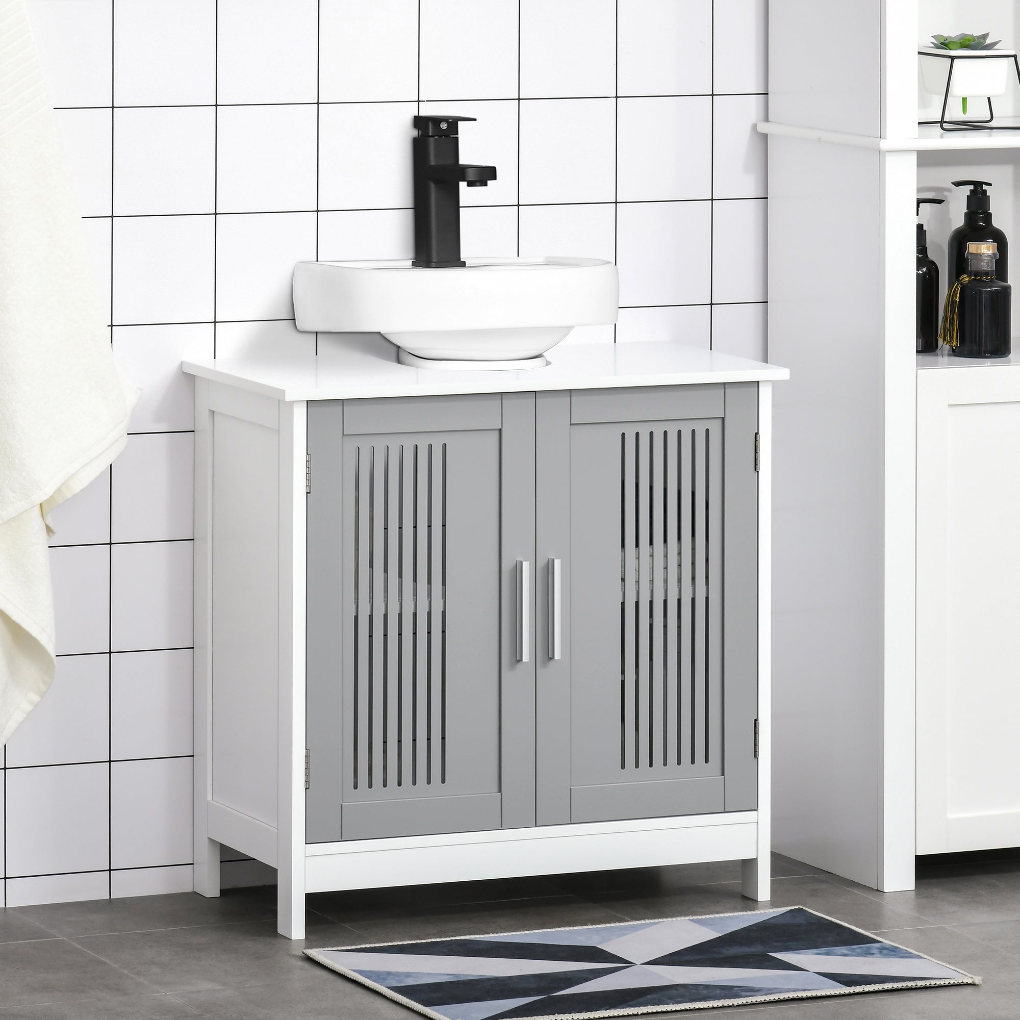 kleankin Modern Under Sink Cabinet with 2 Doors, Bathroom Vanity Unit, Pedestal Under Sink Design, Storage Cupboard with Adjustable Shelves, Grey - North Peak Garden Furniture