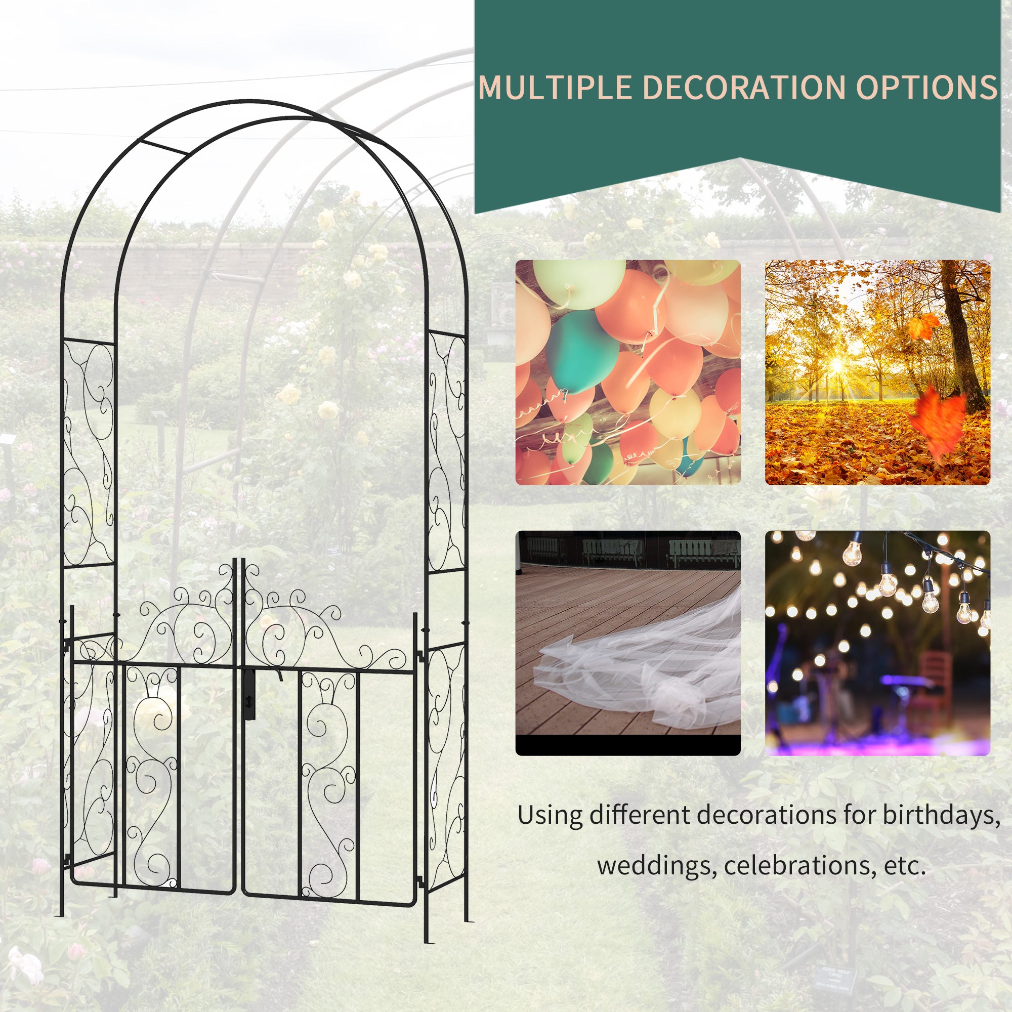 Outsunny Outdoor Garden Arch with Double Gates, Metal Garden Arbor for Climbing Plants, Roses, Vines, Wedding Arch for Outdoor, 125L x 38W x 227H cm, Black - North Peak Garden Furniture