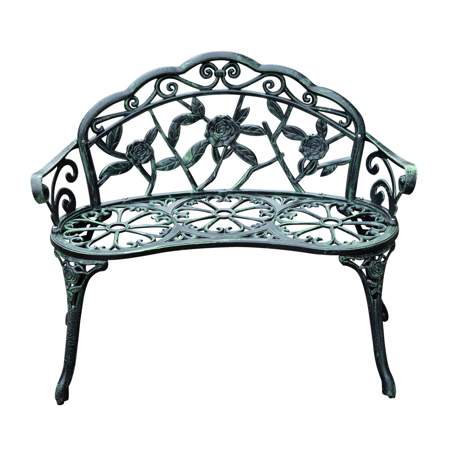 Outsunny Cast Aluminium Outdoor Garden Patio Antique Rose Style Bench Porch Park Chair Seater - Green