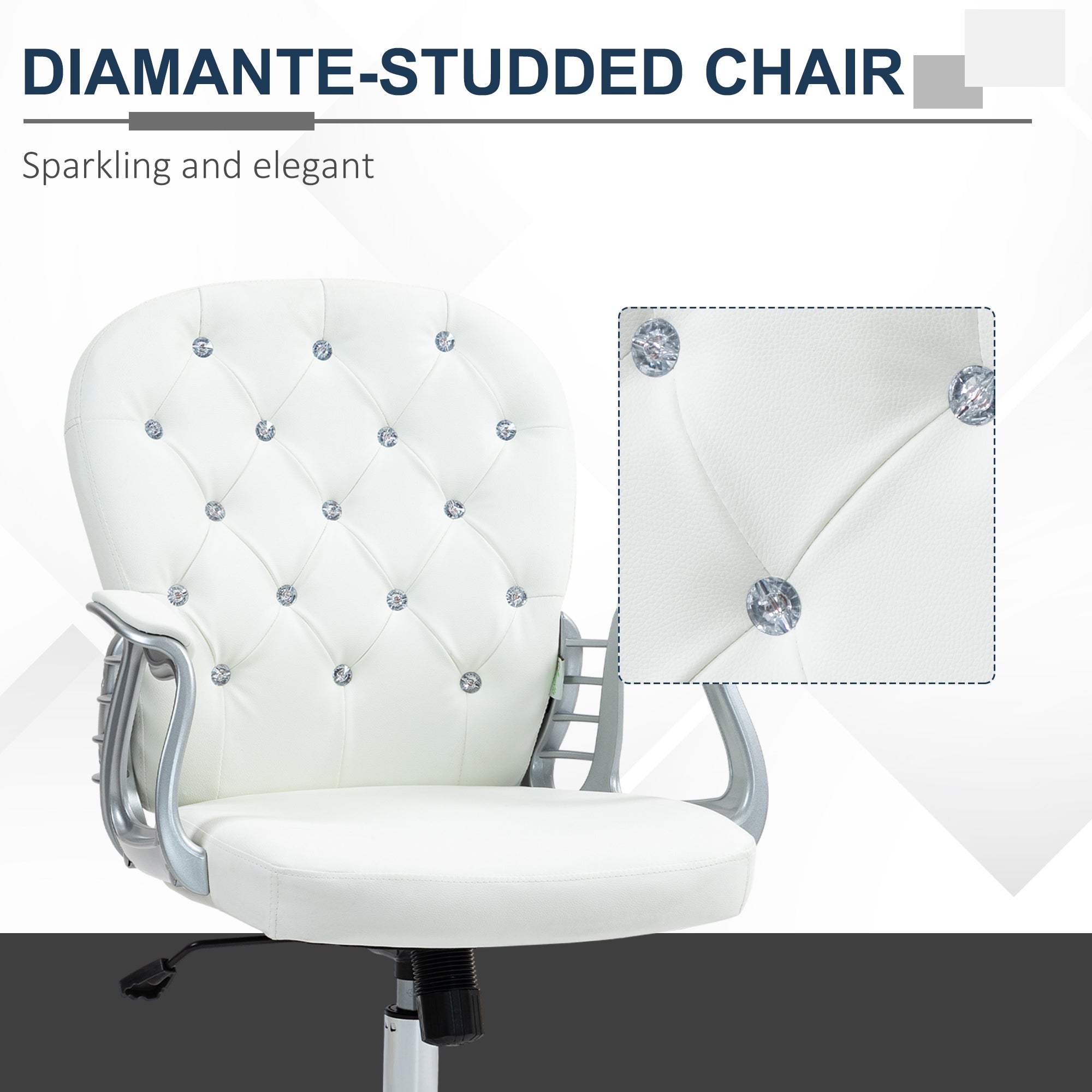 Vinsetto Office Chair Ergonomic 360° Swivel PU Diamante Padded Base 5 Castor Wheels for Home Work White - North Peak Garden Furniture