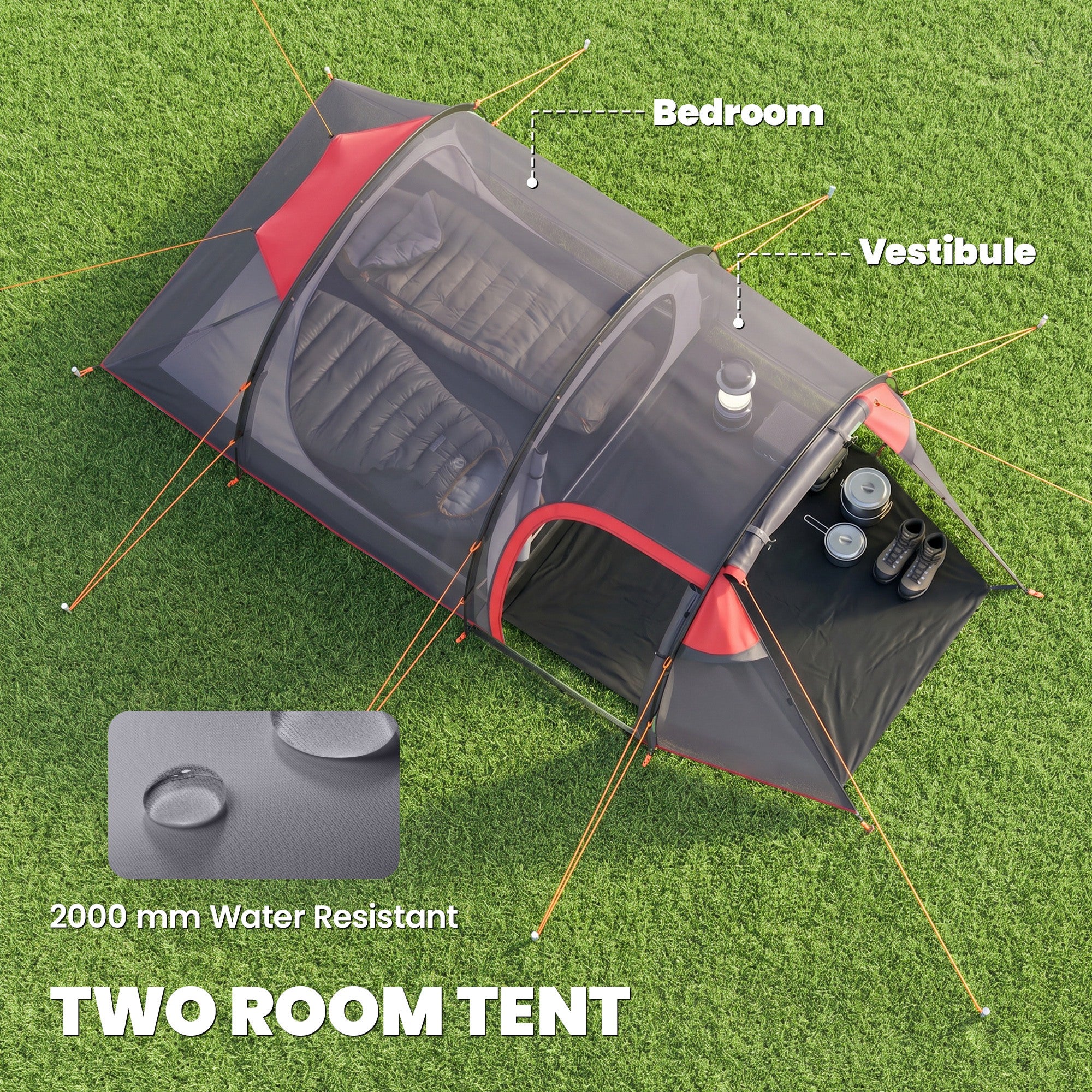 Outsunny 2-3 Person Tunnel Tent with Sewn-in Groundsheet, Air Vents, Rainfly, 2000mm Water Column, Camping Tent with 1 Bedroom, Inbuilt Porch, Living Area for Camping, Hiking, Grey