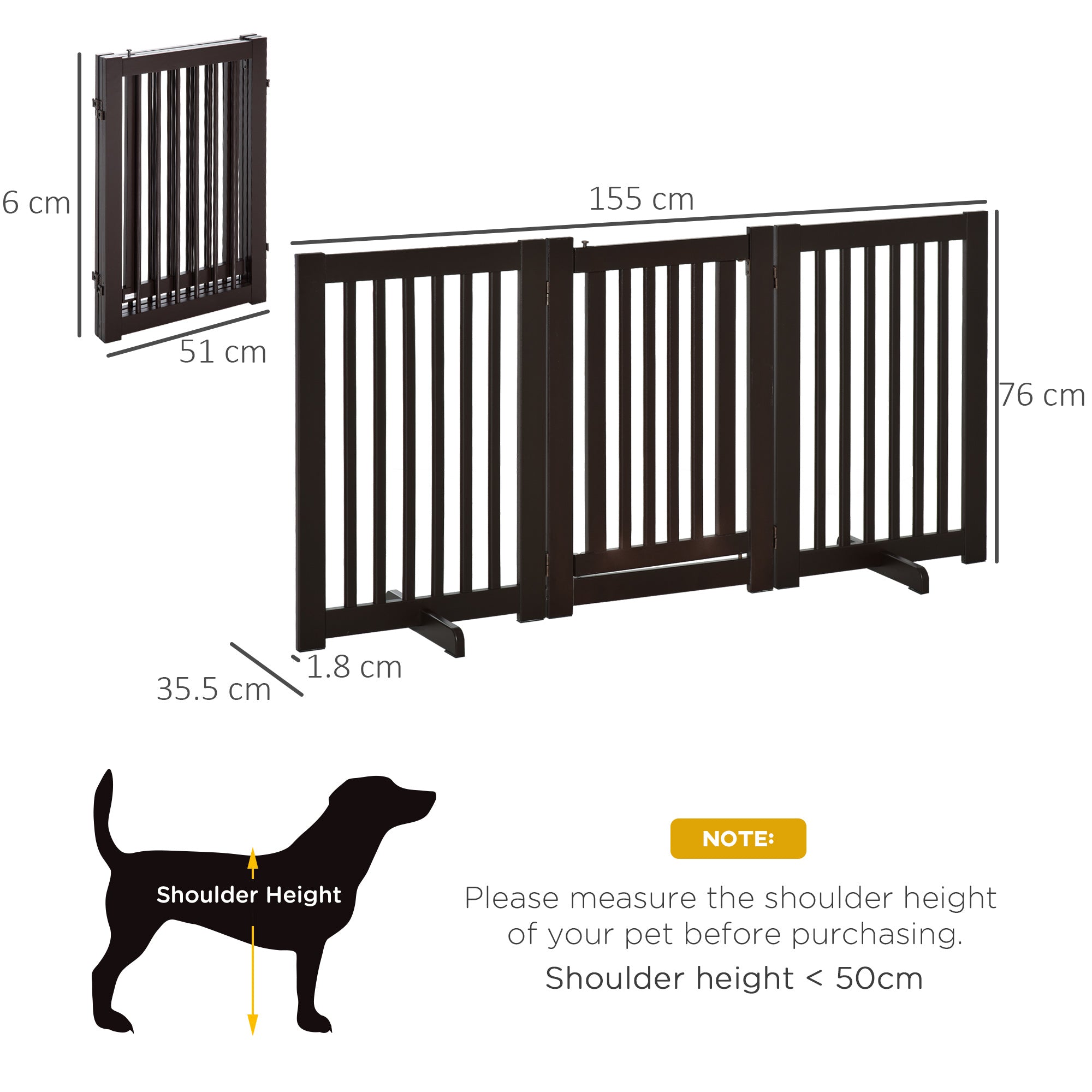 PawHut Freestanding Dog Gate, Foldable Pet Fence, Indoor Barrier, Stair Gate with Support Feet, 155 x 76 cm, Brown