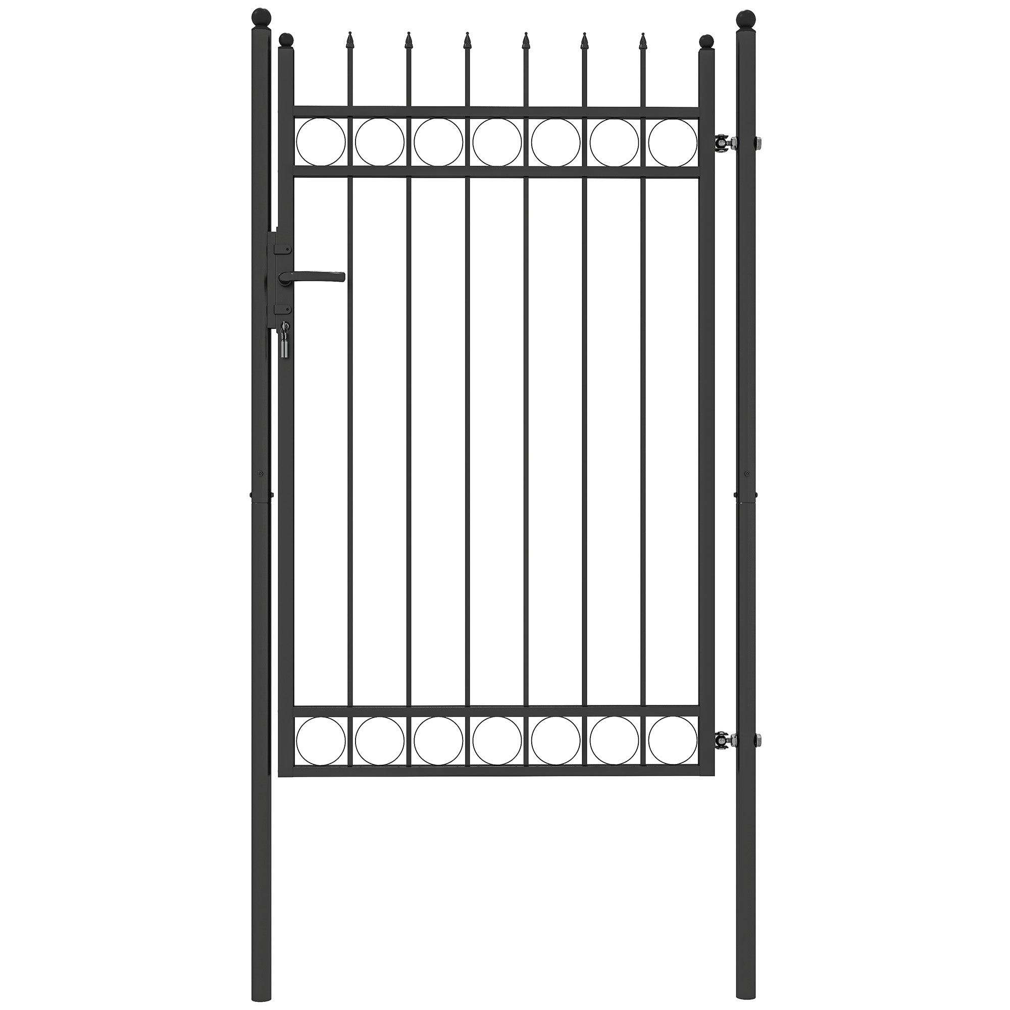 Outsunny Galvanised Steel Garden Gate, Outdoor Fence Gate Security Barrier with Lock, Keys and Handle, Outdoor Entrance Way Door with Classic Finials, 105 x 204 cm, Black - North Peak Garden Furniture