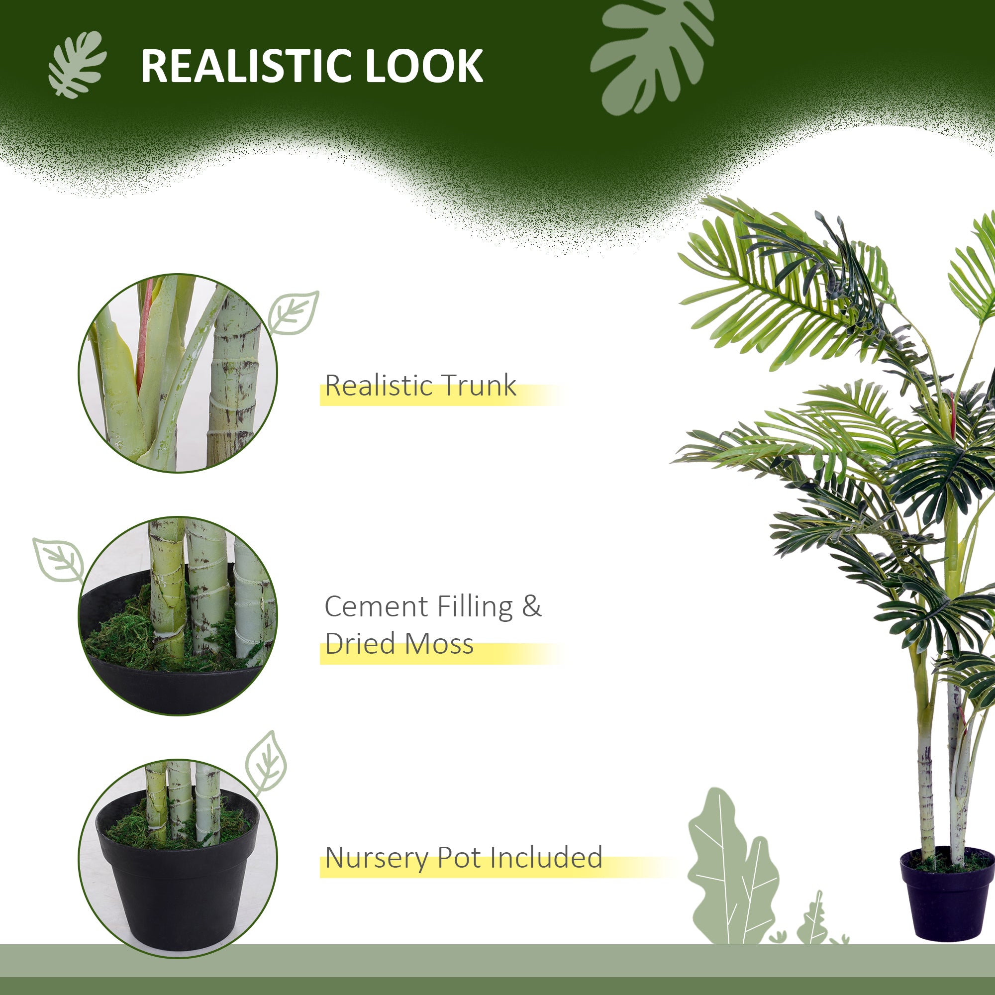 Outsunny Artificial Tree, 150cm Tropical Palm Tree, Fake Plants in Pots, Faux Green Plant for Indoor Outdoor Home Office Living Room Decoration - North Peak Garden Furniture
