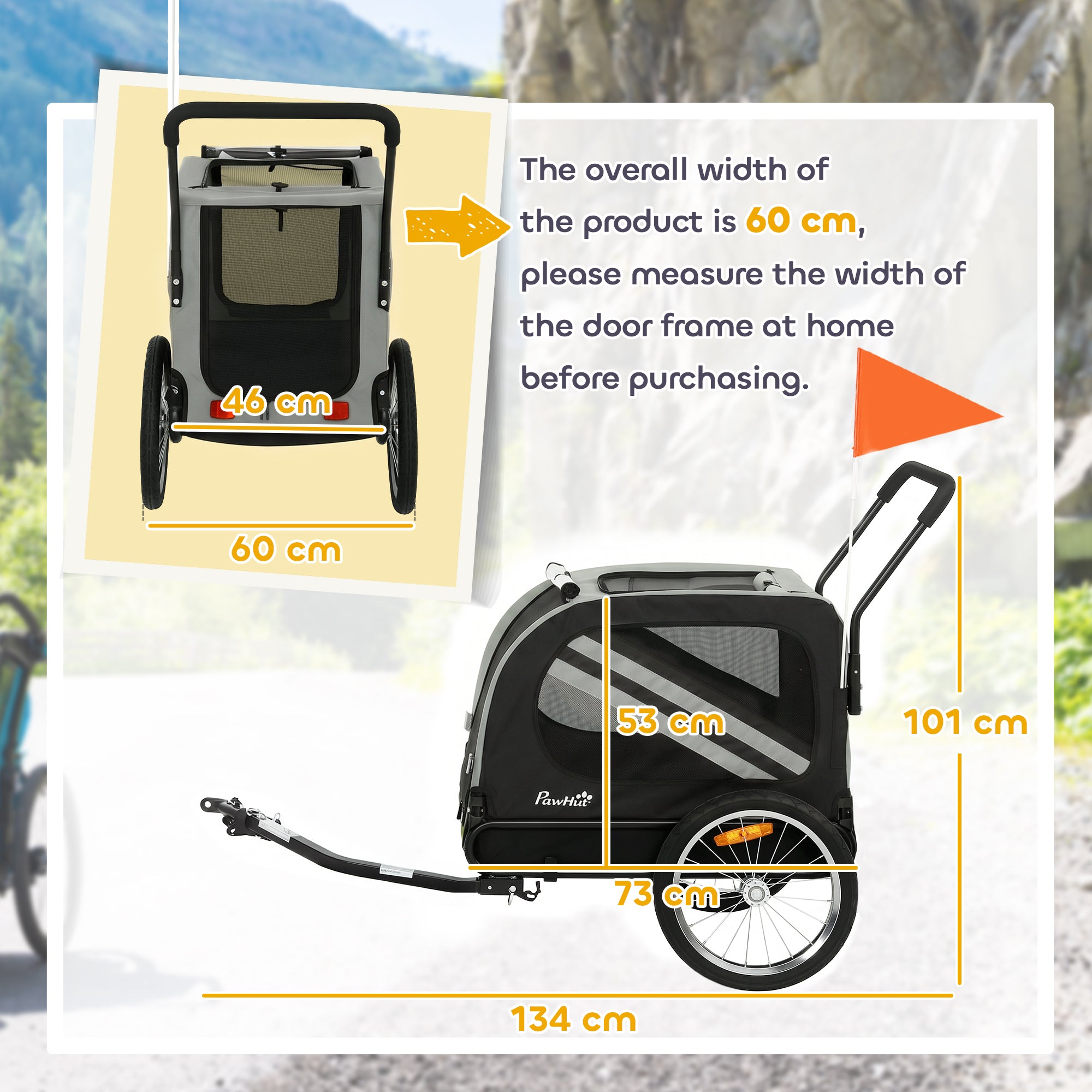 PawHut 2-In-1 Pet Bike Trailer Dog Stroller Pushchair with Universal Wheel Reflector Flag Grey