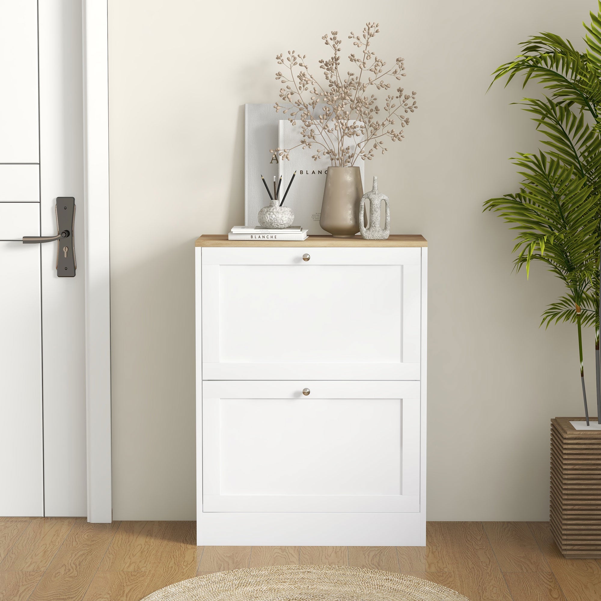 HOMCOM Narrow Shoe Cabinet with 2 Flip Drawers and Adjustable Shelves - White - North Peak Garden Furniture