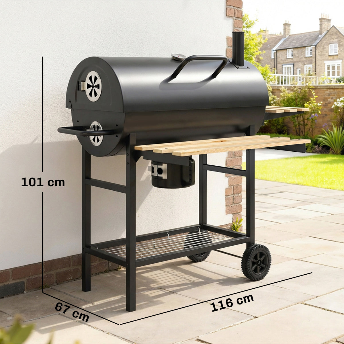 Outsunny Charcoal Grill, Barrel BBQ Smoker with Warming Rack, Charcoal BBQ Grill with Foldable Shelves, Natural Wood and Black