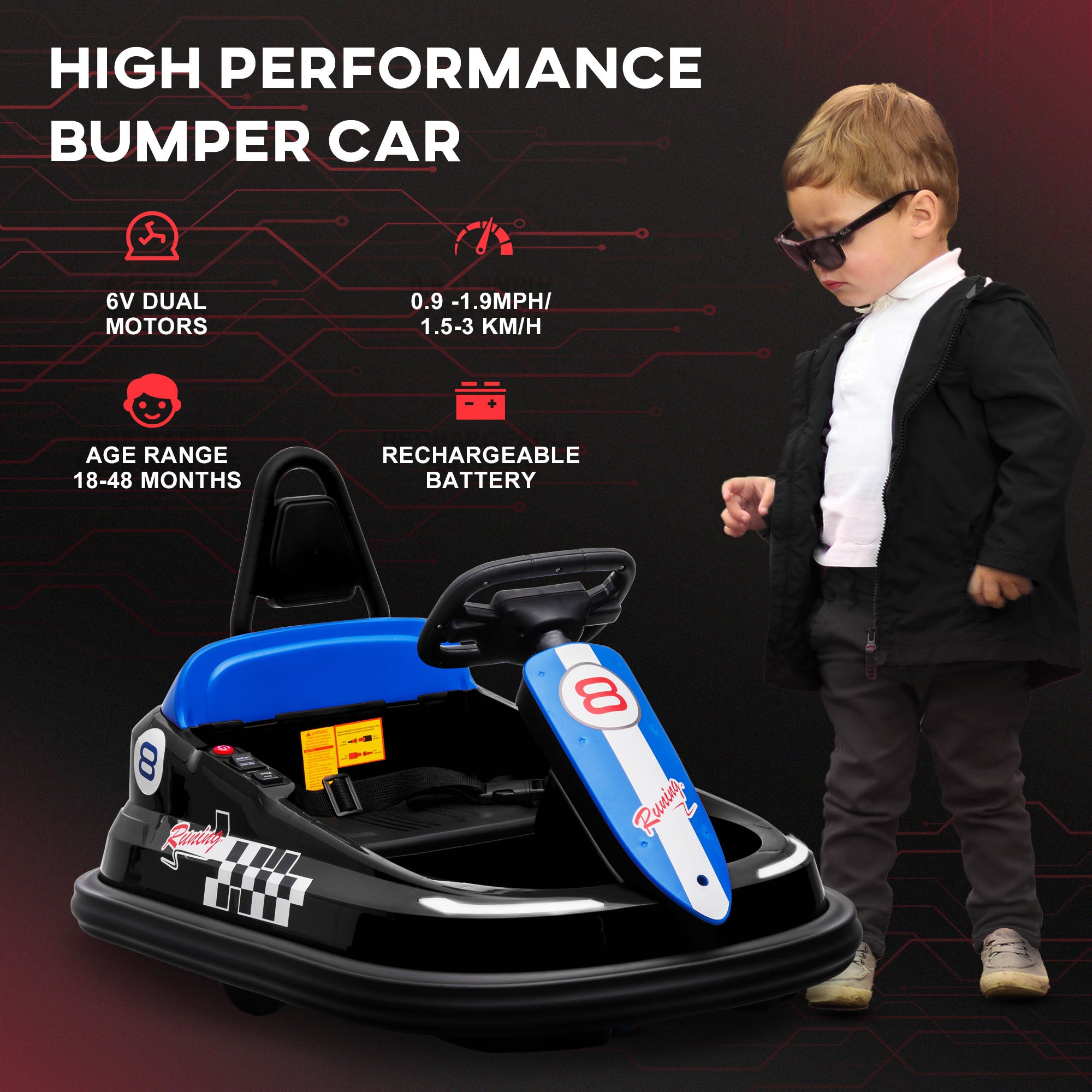 HOMCOM 6V Electric Kids Bumper Car, 6V Spin Waltz Car, with Music, Horn, Lights - Black - North Peak Garden Furniture