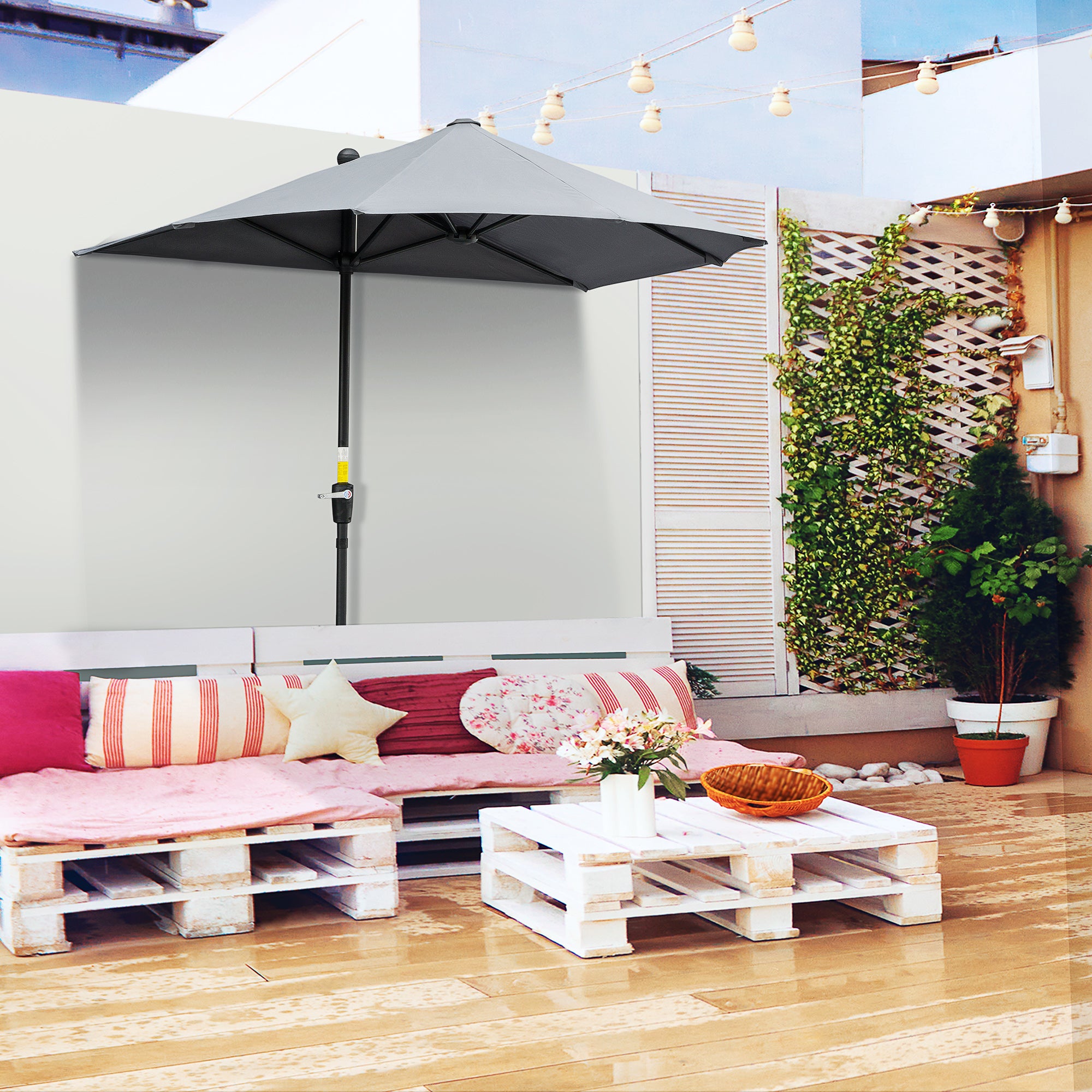 Outsunny 2m Half Parasol Market Umbrella Garden Balcony Parasol with Crank Handle, Base, Double-Sided Canopy, Dark Grey - North Peak Garden Furniture