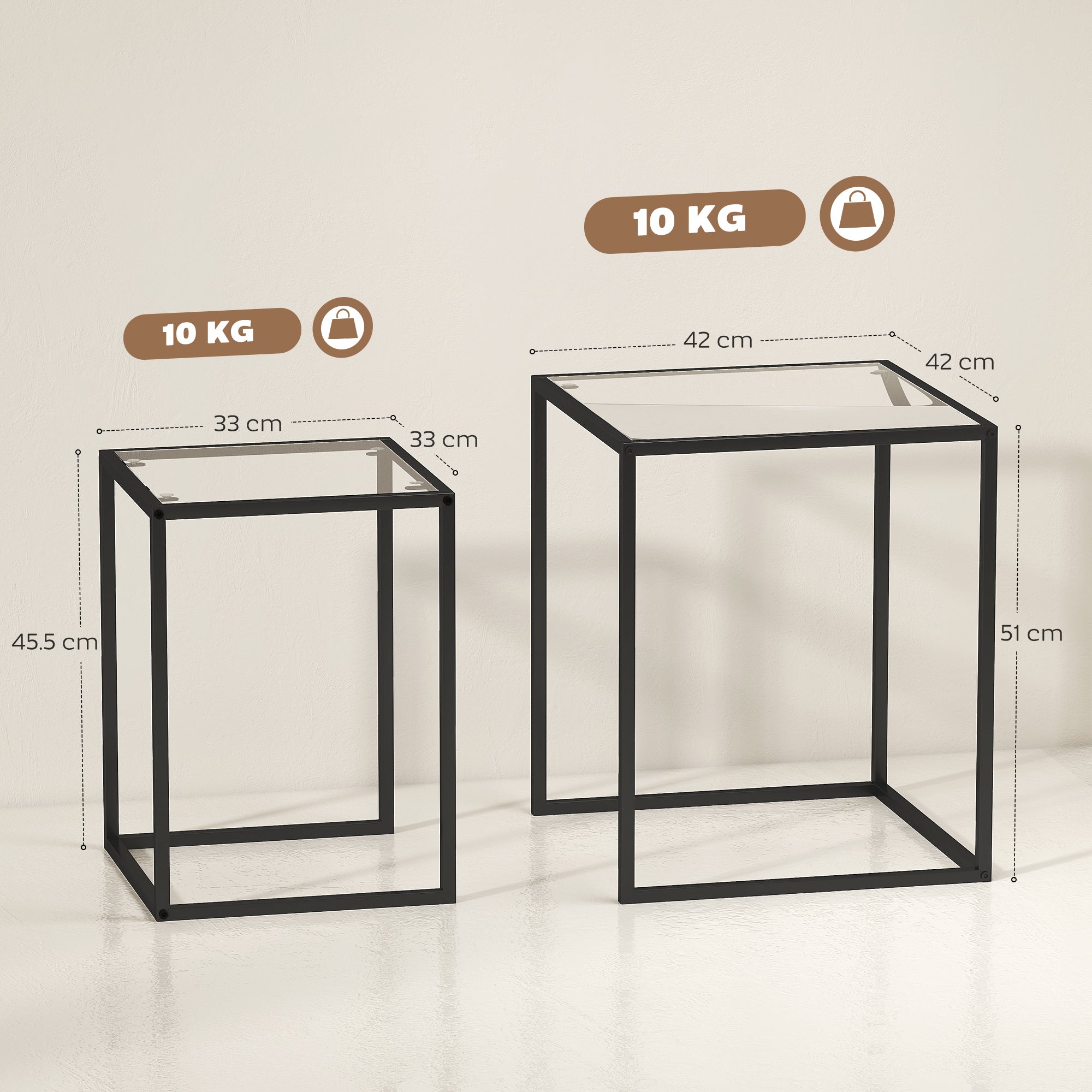 HOMCOM Nesting Tables Set of 2, Side End Table with Tempered Glass Top and Steel Frame for Living Room, Bedroom, Black