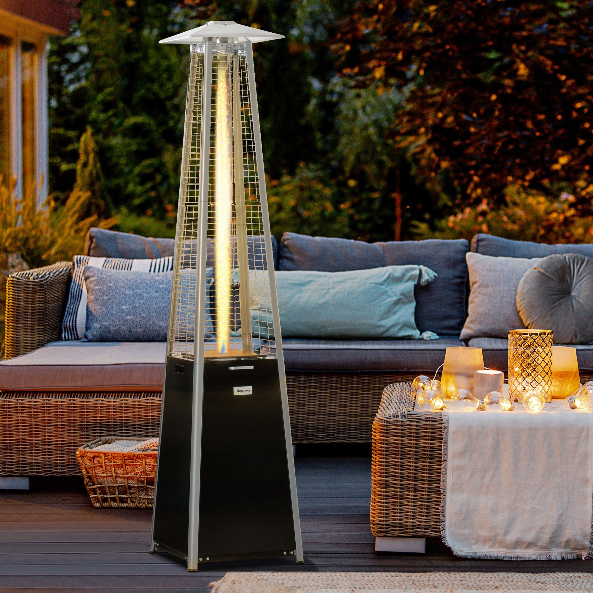 Outsunny 11.2KW Outdoor Patio Gas Heater Freestanding Pyramid Propane Heater Garden Tower Heater with Wheels, Dust Cover, Regulator and Hose, Black, 50 x 50 x 225cm - North Peak Garden Furniture