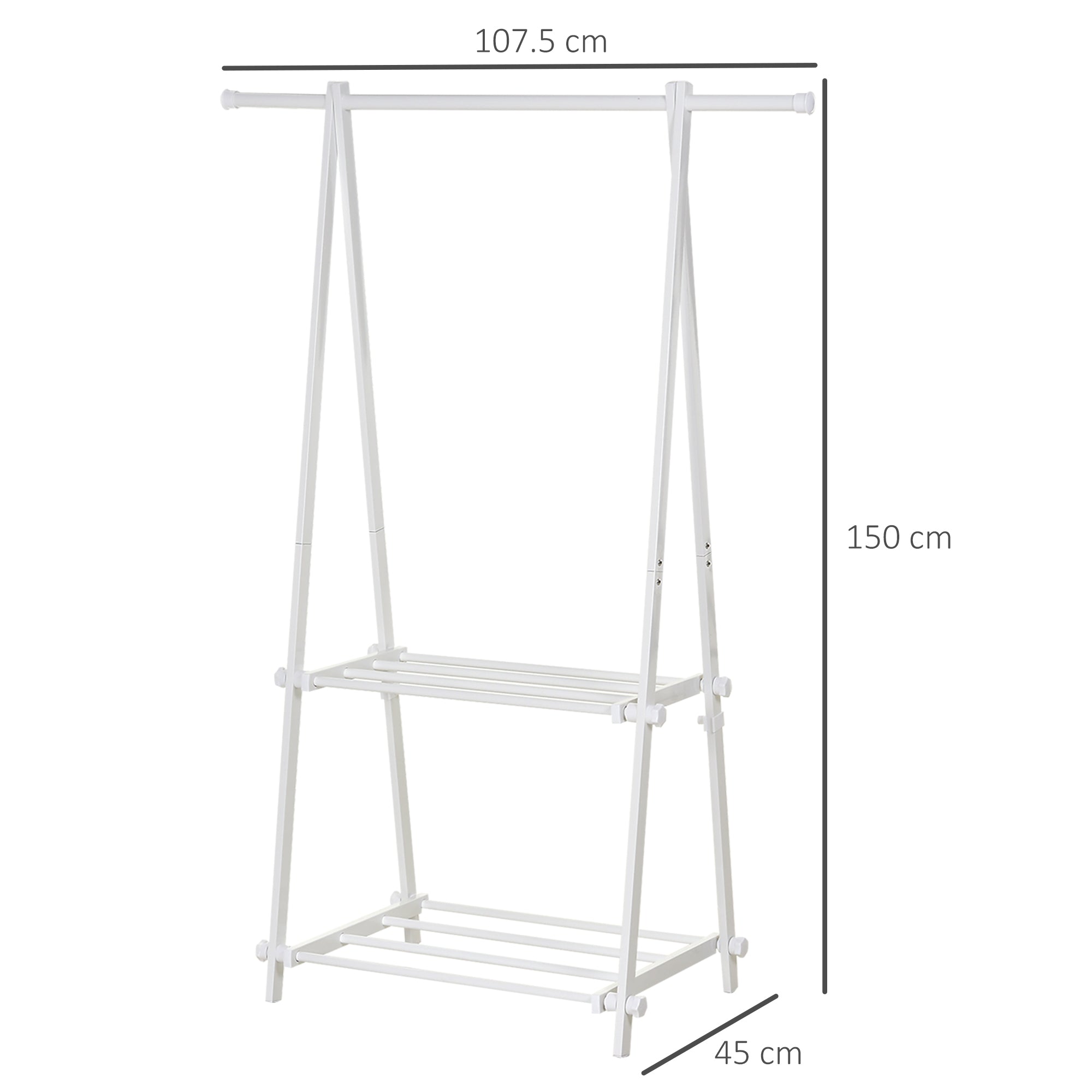 HOMCOM Minimalist Foldable Adjustable Clothes Rack Hanger w/ 2 shelves 107.5L x 45W x 150H cm Hallway Entryway Furniture - White - North Peak Garden Furniture