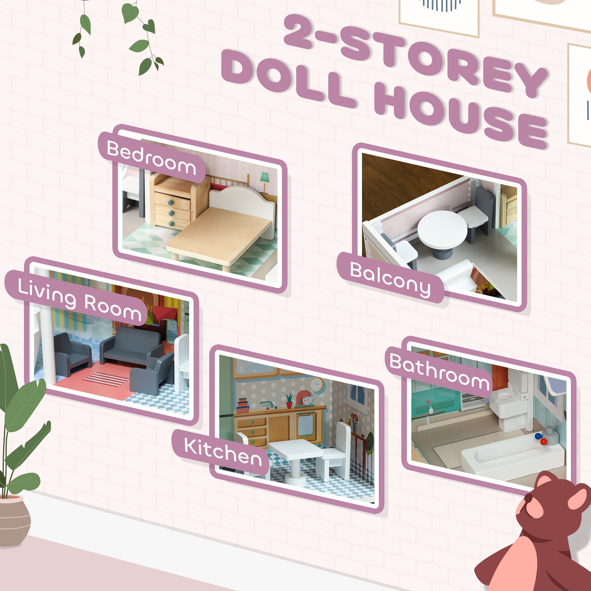 AIYAPLAY 2 Storey Dolls House with 13 Pieces Furniture, Play Set with Balcony, Gift for 3-6 Years Old