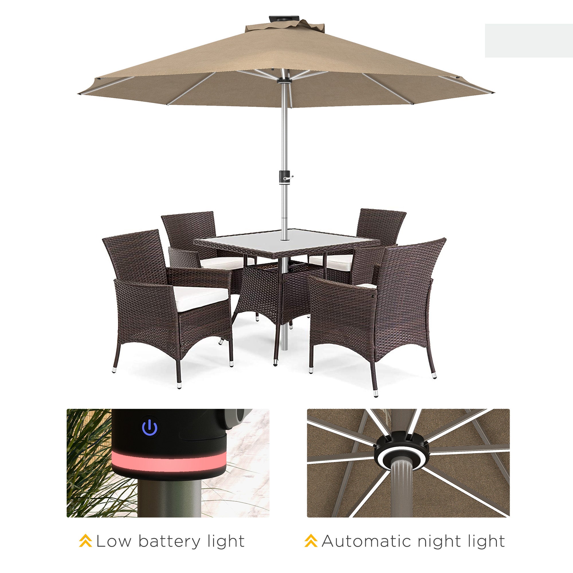 Outsunny 3m Parasol, with Solar-Powered LED Lights - Khaki