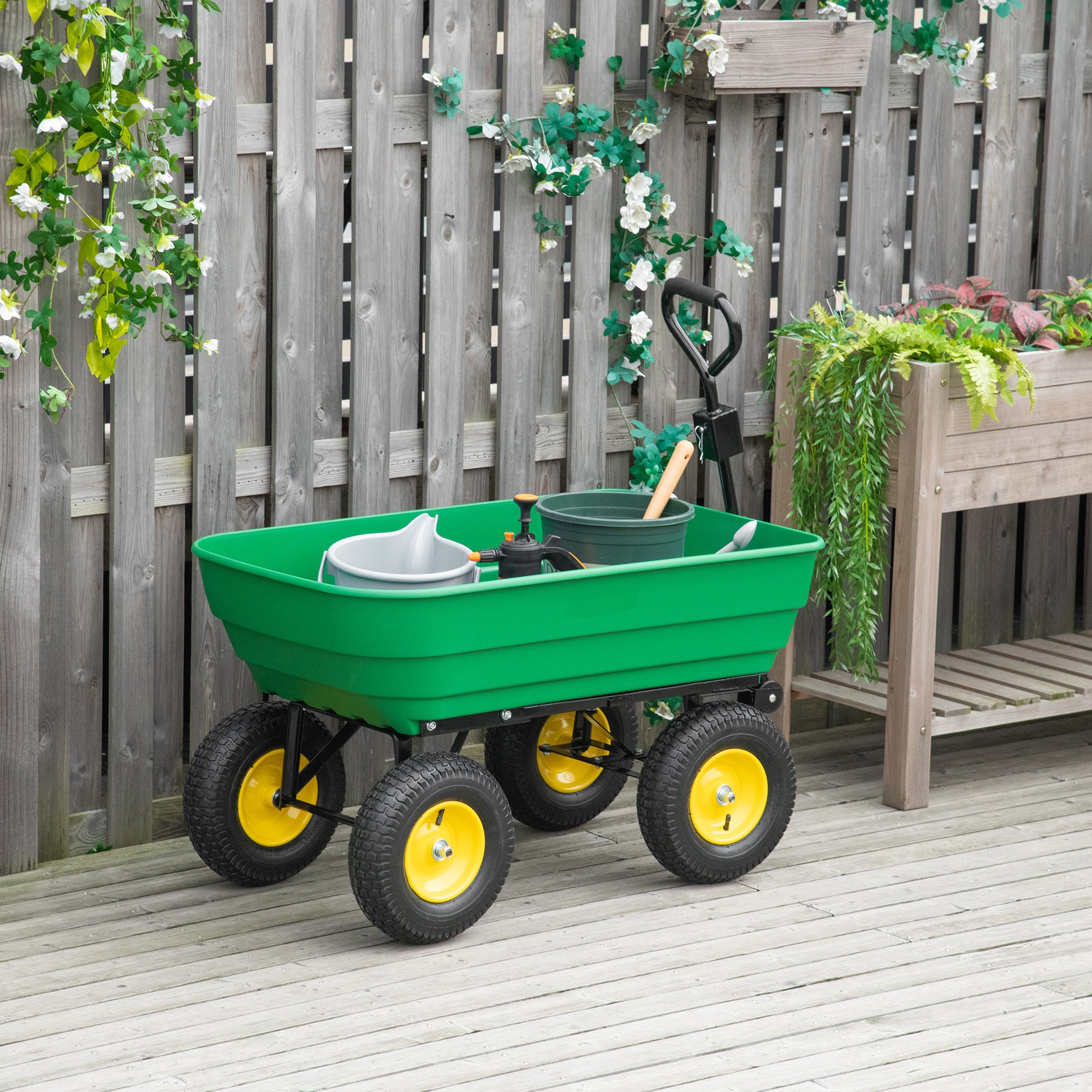 Outsunny 125 Litre Large Garden Cart Heavy Duty 4 Wheel Trolley Dump Wheelbarrow Tipping Truck Trailer - Green - North Peak Garden Furniture