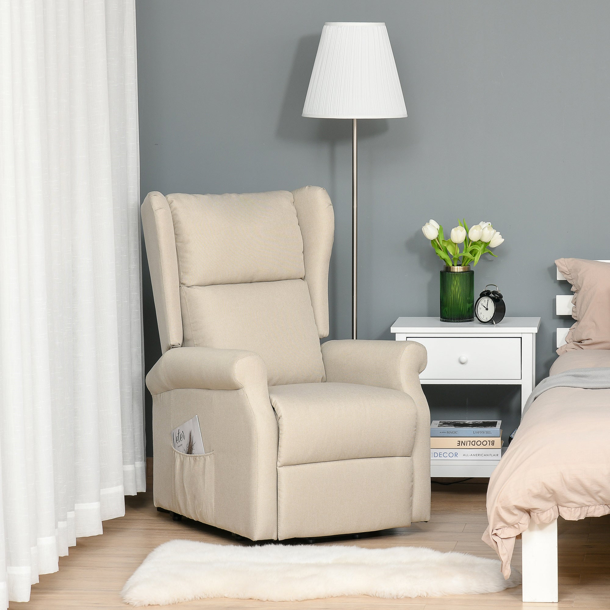 HOMCOM Power Lift Recliner Armchair, Electric Lift Chair for Elderly, Fabric Riser and Reclining Chair with Remote Control, Side Pockets, Extended Footrest, for Living Room, Beige - North Peak Garden Furniture