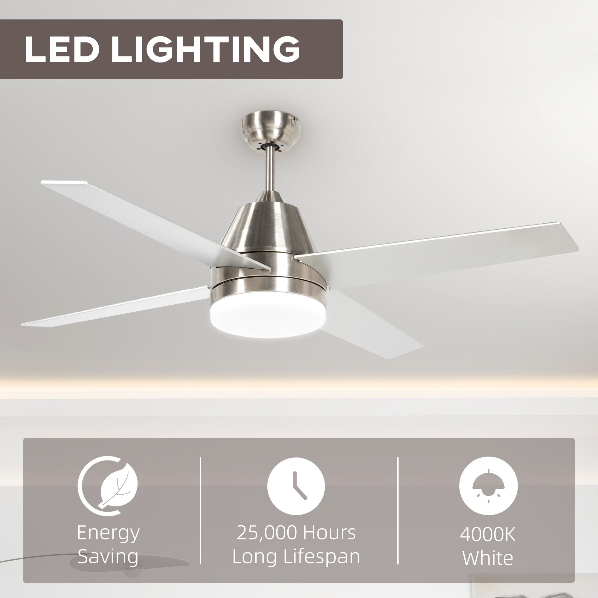 HOMCOM Ceiling Fan with LED Light, Flush Mount Ceiling Fan Lights with Reversible Blades, Remote, Silver and Black - North Peak Garden Furniture