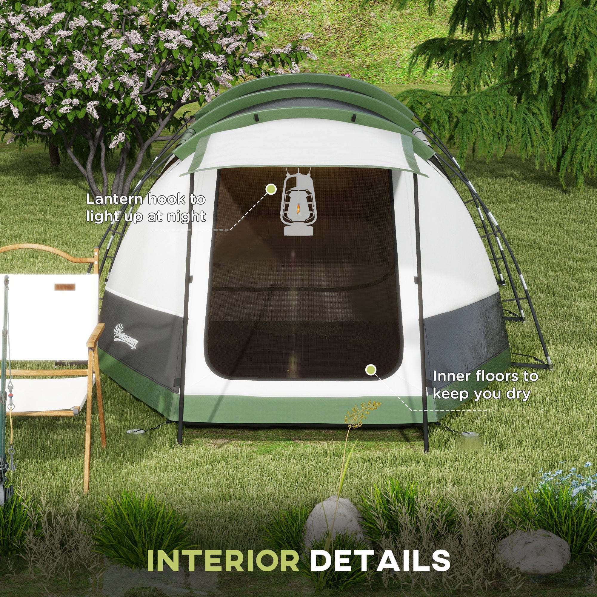 Outsunny Three-Man Camping Tent, with Two Rooms and Porch - Green