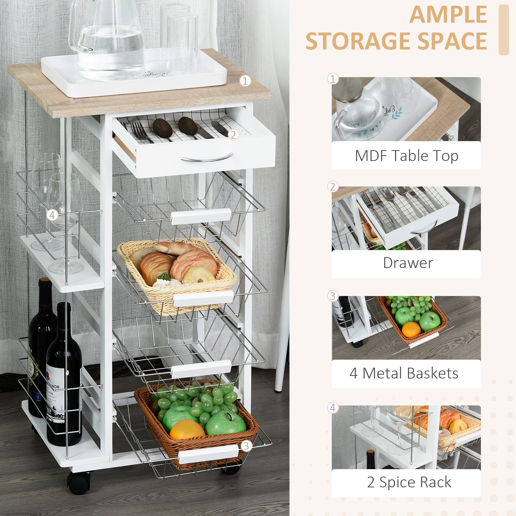 HOMCOM Rolling Kitchen Cart, Utility Storage Cart with 4 Basket Drawers & Side Racks, Wheels for Dining Room, Natural and White - North Peak Garden Furniture