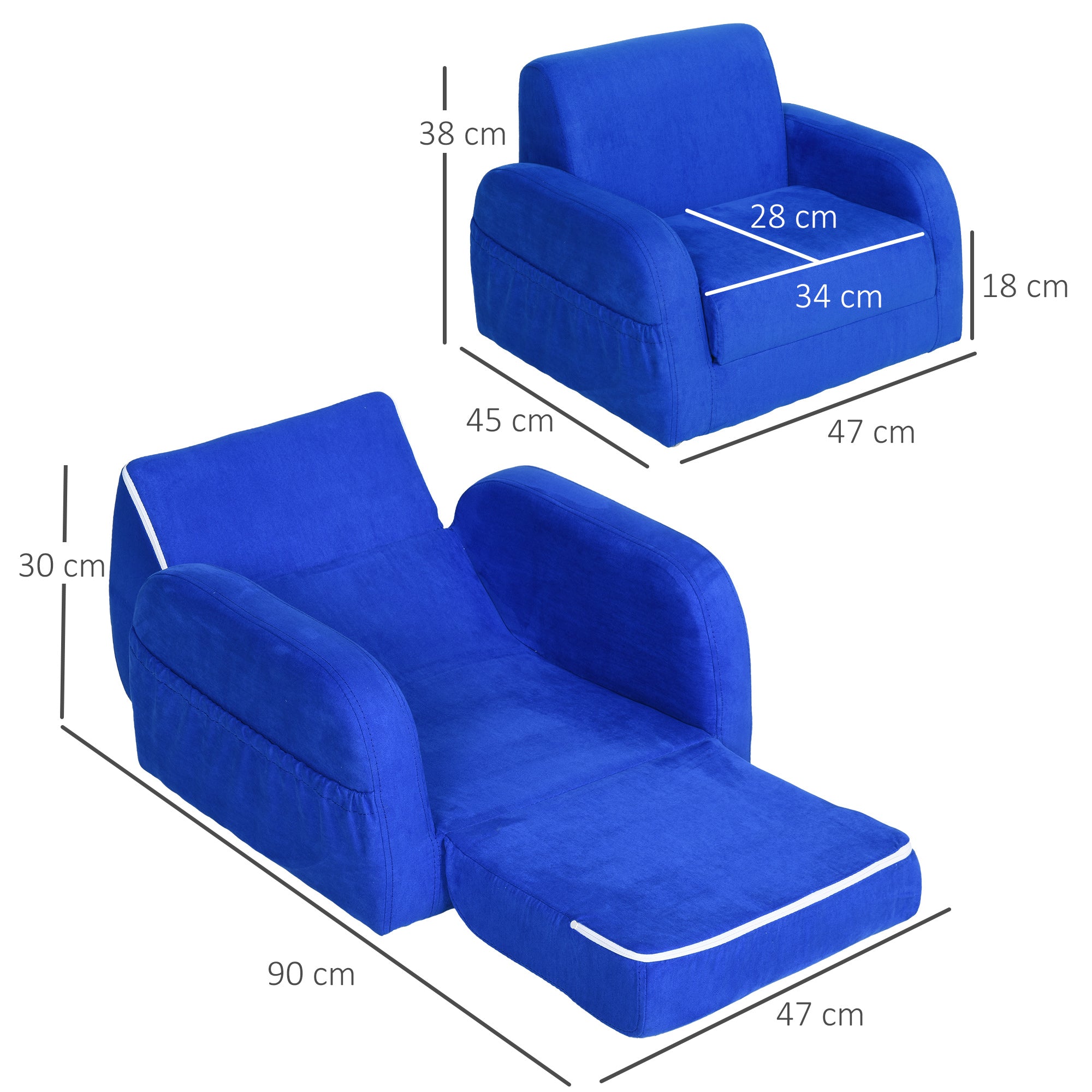 HOMCOM 2 In 1 Kids Armchair Sofa Bed Fold Out Padded Wood Frame Bedroom Blue