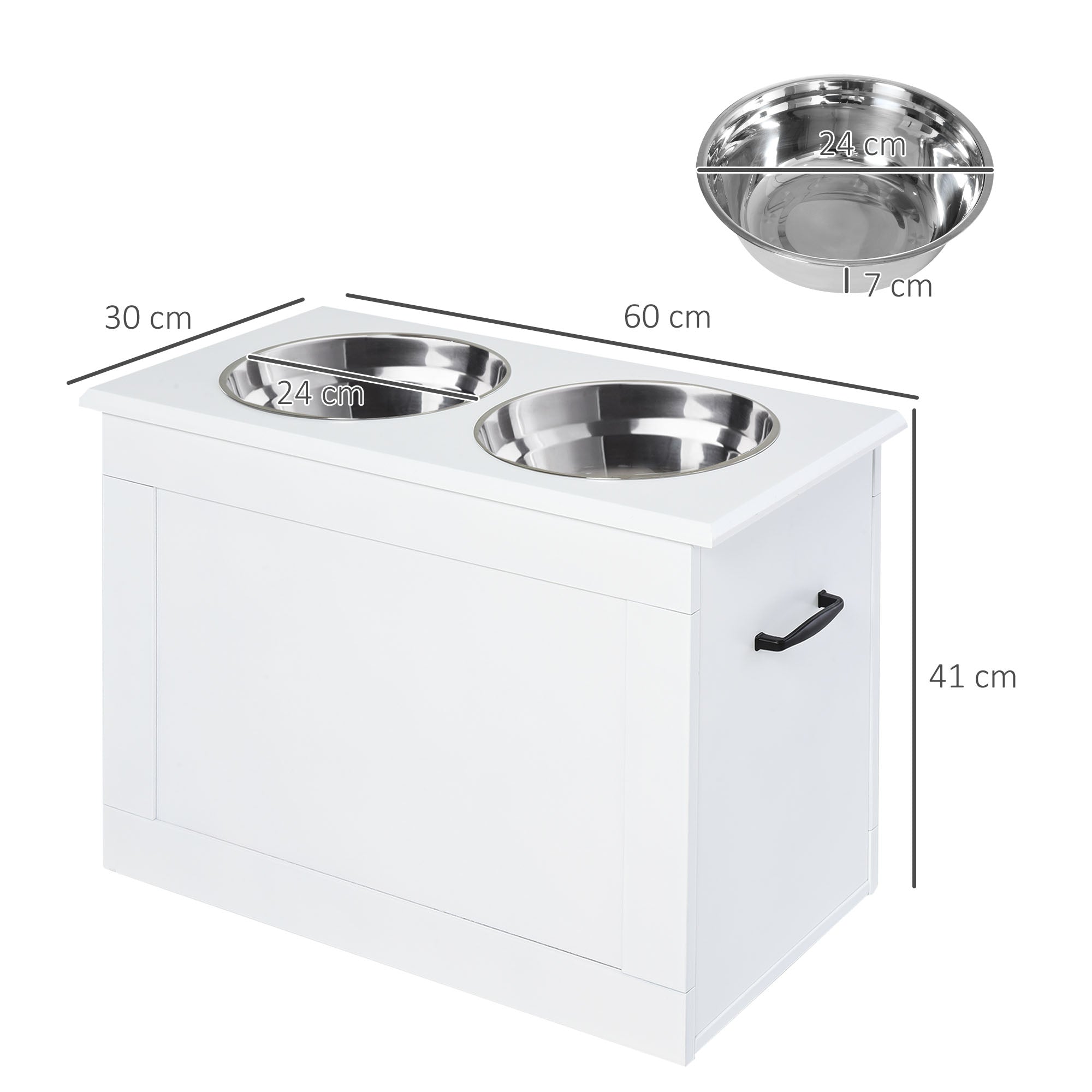 PawHut Raised Dog Bowls, with Storage, Two Stainless Steel Bowls, Elevated Base - White - North Peak Garden Furniture
