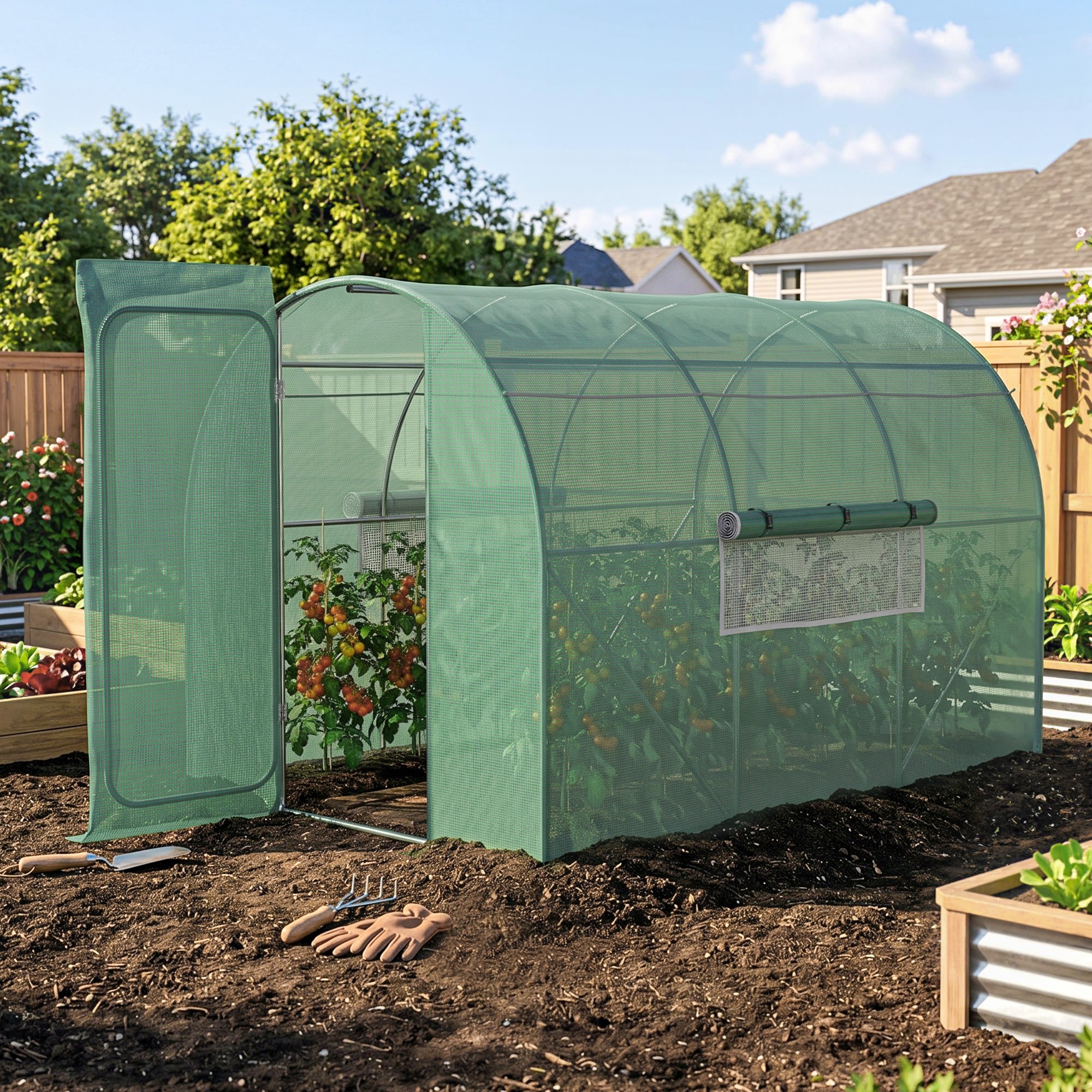 Outsunny Large Polytunnel Walk In Greenhouse, Plant Gardening Tunnel Green House with Metal Hinged Door, Galvanised Steel Frame & Mesh Windows, Green (3 x 2 m)
