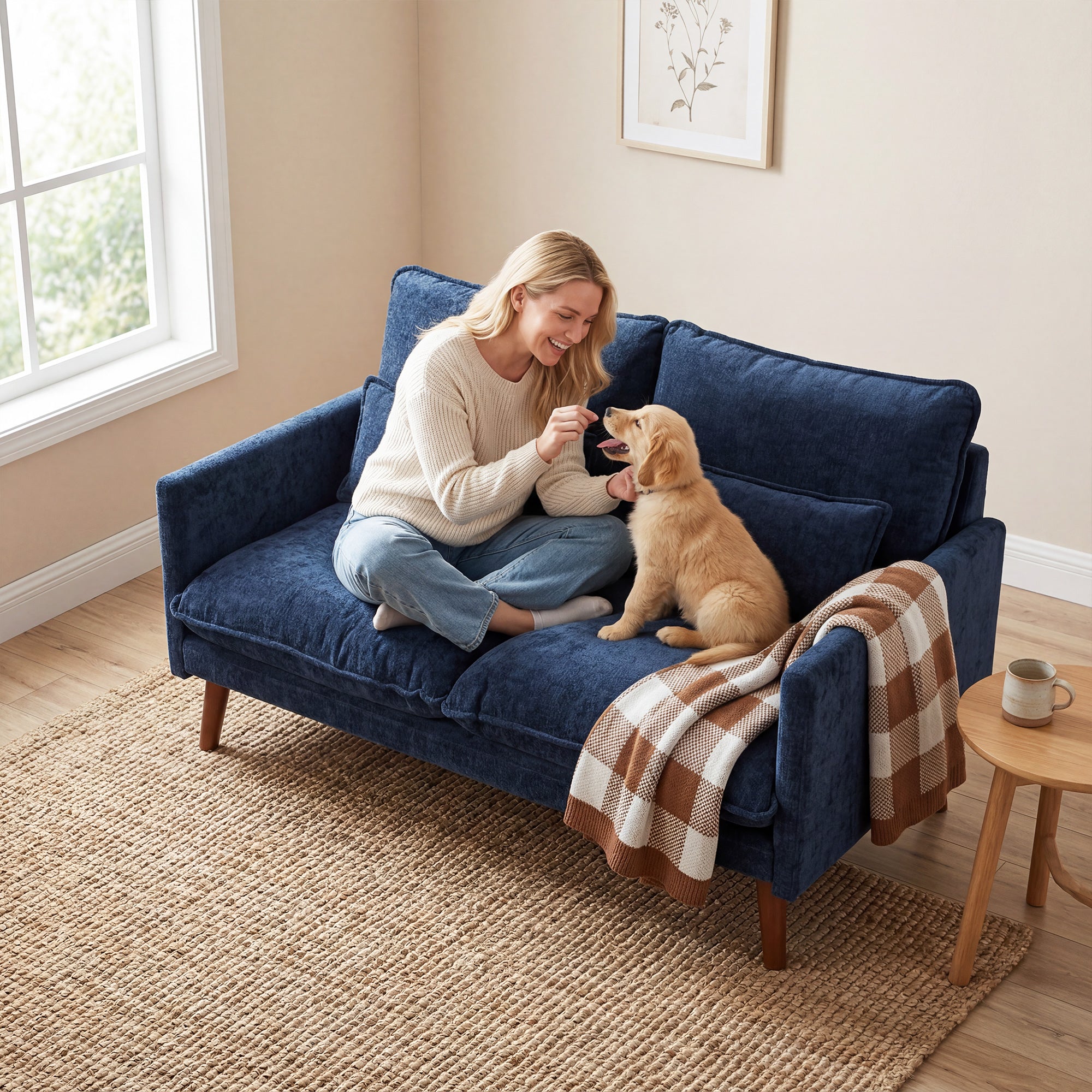 HOMCOM 2 Seater Sofa, Loveseat Sofa with Spring Cushions, Wide and Deep Seat, Wood Legs, Blue