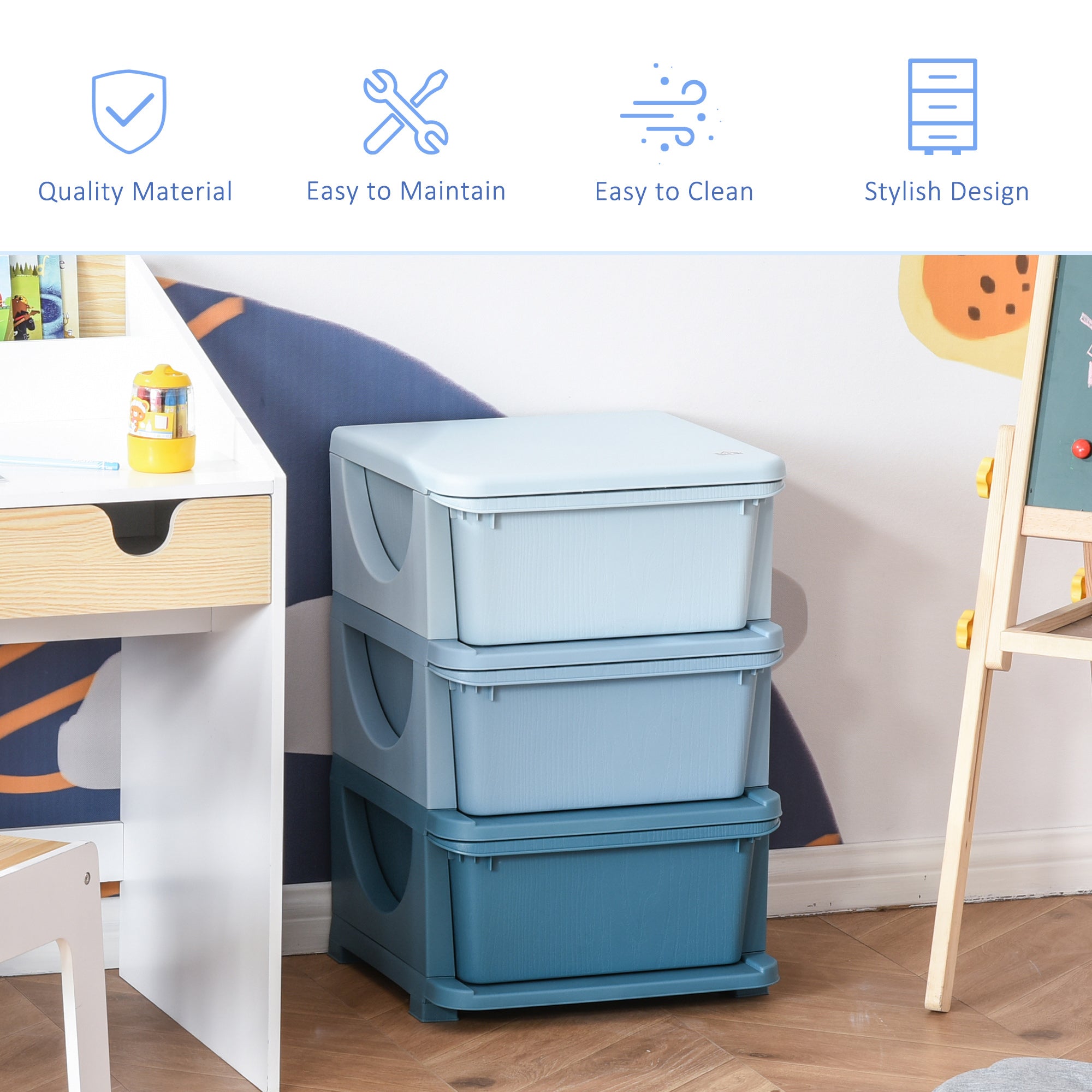 HOMCOM Kids Storage Units with 3 Drawers 3 Tier Chest Vertical Dresser Tower Toy Organizer for Nursery Playroom Kindergarten Blue - North Peak Garden Furniture