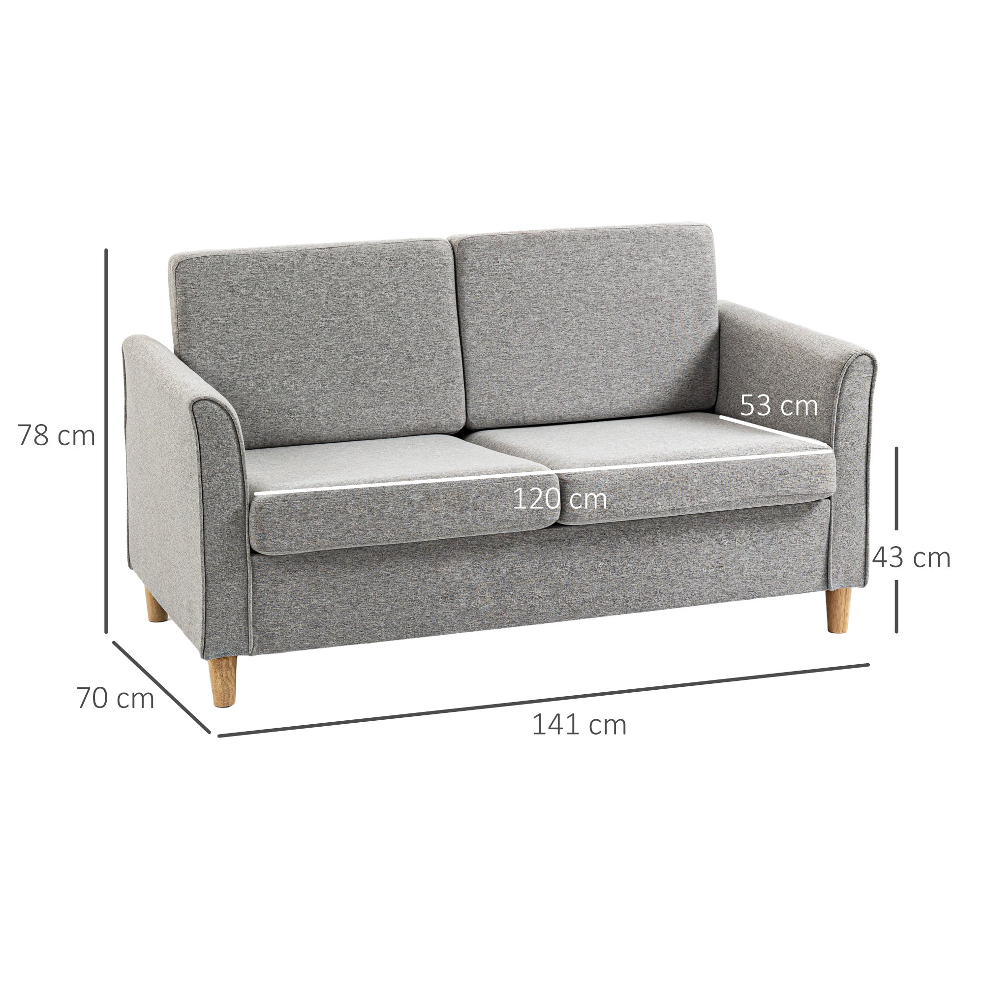 HOMCOM Compact Loveseat Sofa, Modern 2 Seater Sofa for Living Room with Wood Legs and Armrests, Light Grey - North Peak Garden Furniture