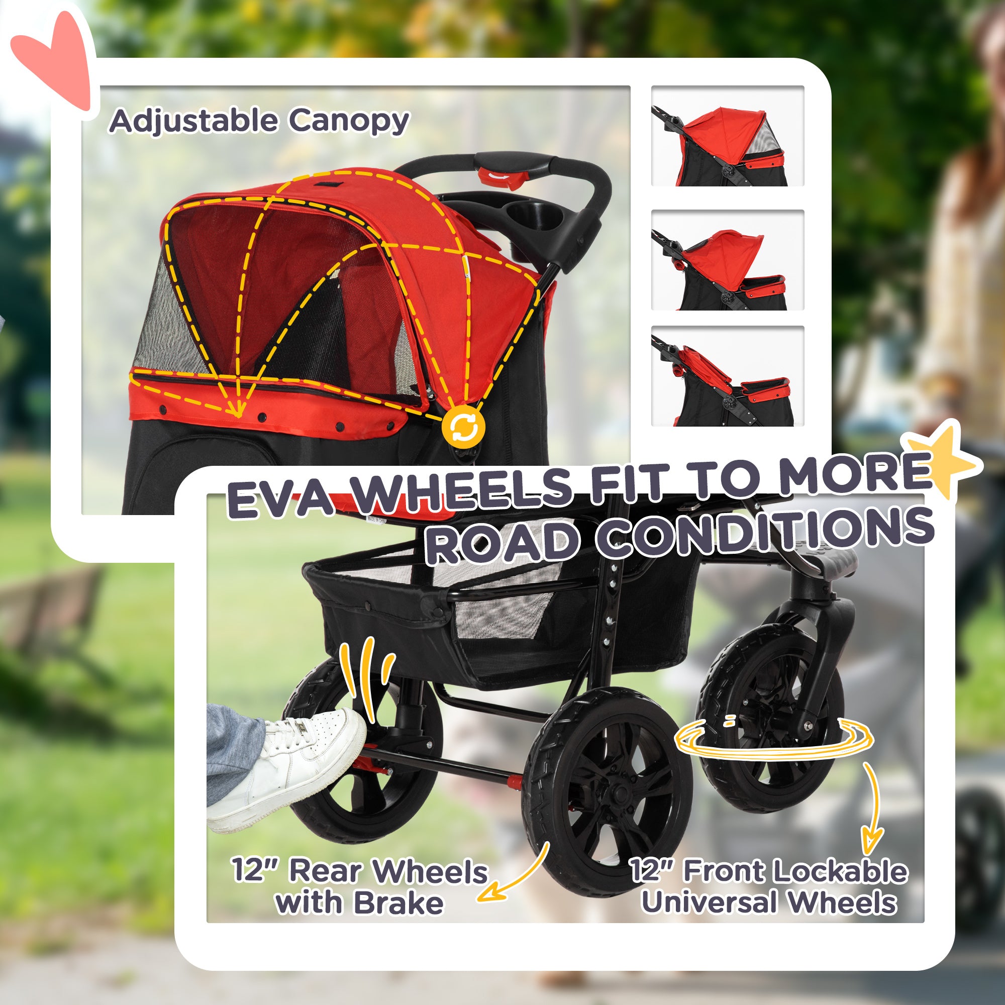 PawHut Dog Pram Dog Stroller Pet Stroller, 3 Wheels Dog Pushchair with Brake, for Small Miniature Dogs, Cats, Red - North Peak Garden Furniture