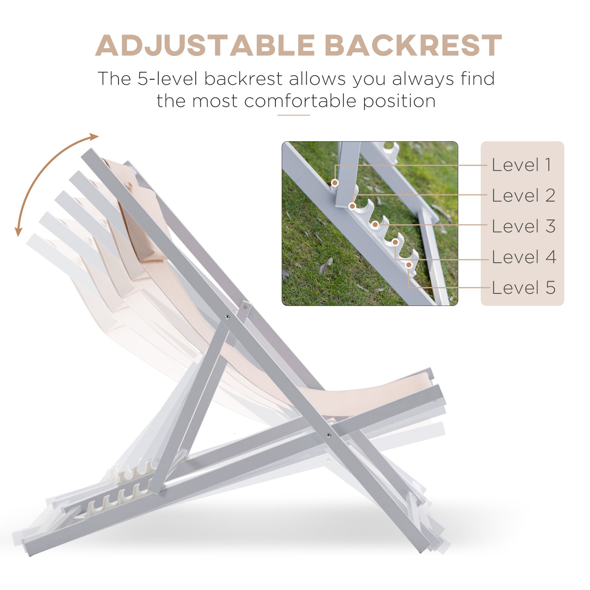 Outsunny Set of 2 Folding Garden Beach Aluminium Frame Deck Chairs Deckchairs Seaside Folding Garden Patio Lounger, Beige - North Peak Garden Furniture