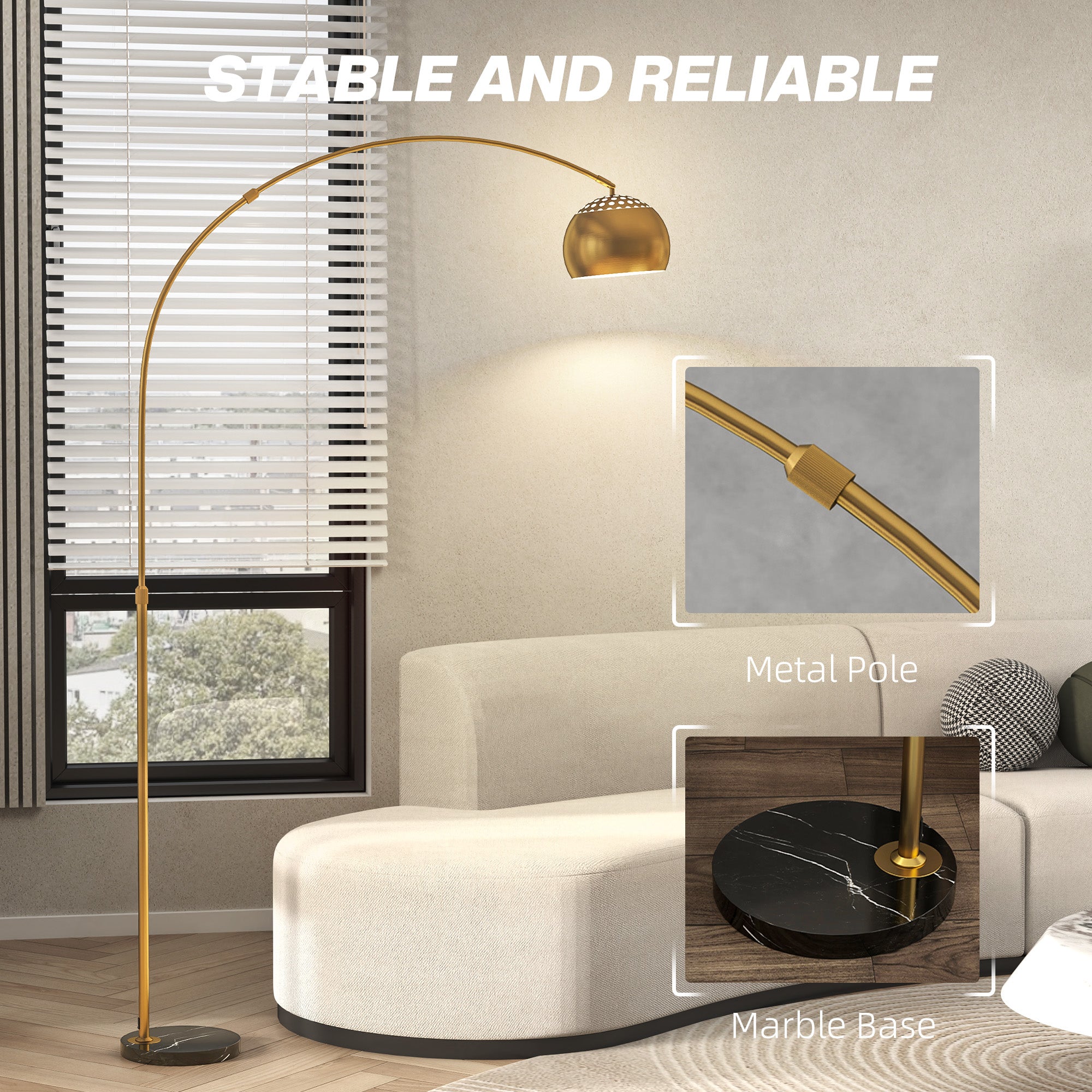 HOMCOM 180cm Arc Floor Lamp for Living Room, Modern Adjustable Standing Lamp with Foot Switch, Faux Black Marble Base and Bell Shade for Home Offices, Bedrooms, Gold Tone - North Peak Garden Furniture