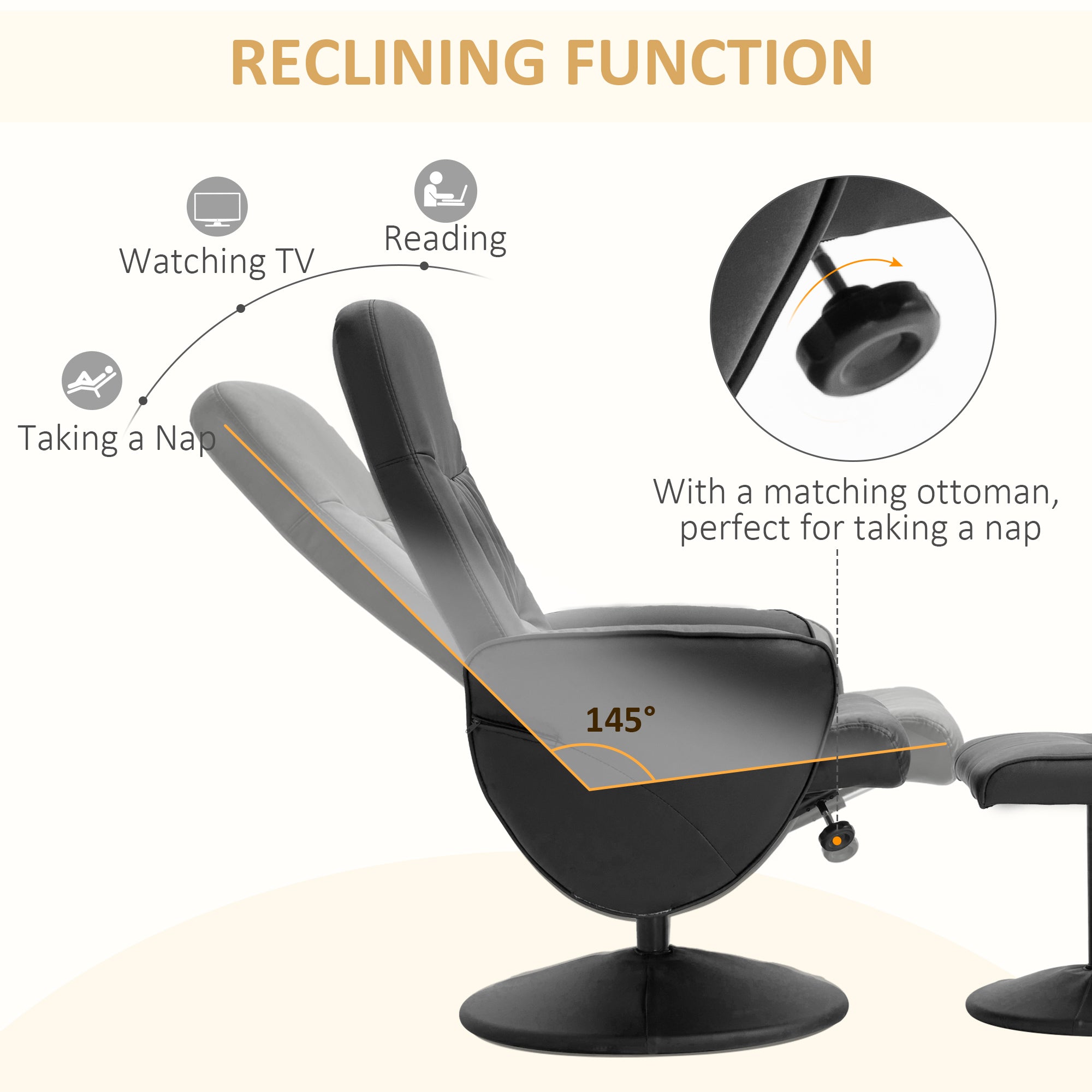 HOMCOM Swivel Recliner Chair with Footstool, PU Leather Armchair and Ottoman with High Back and Round Base for Living Room, Black - North Peak Garden Furniture