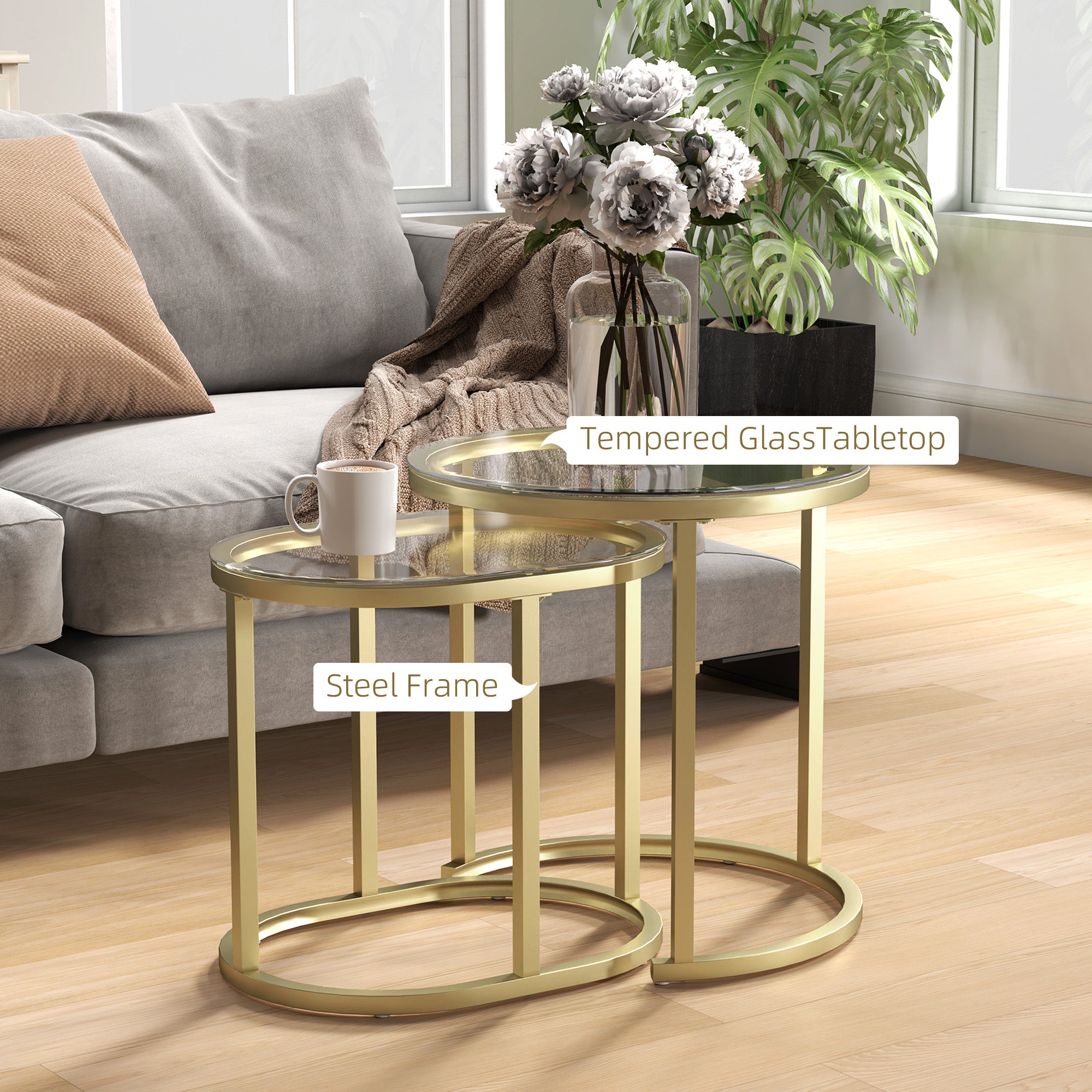 HOMCOM Modern Coffee Table Set of 2, Nest of Tables with Steel Frame and Tempered Glass Tabletop, Side Tables for Living Room Bedroom, Clear - North Peak Garden Furniture